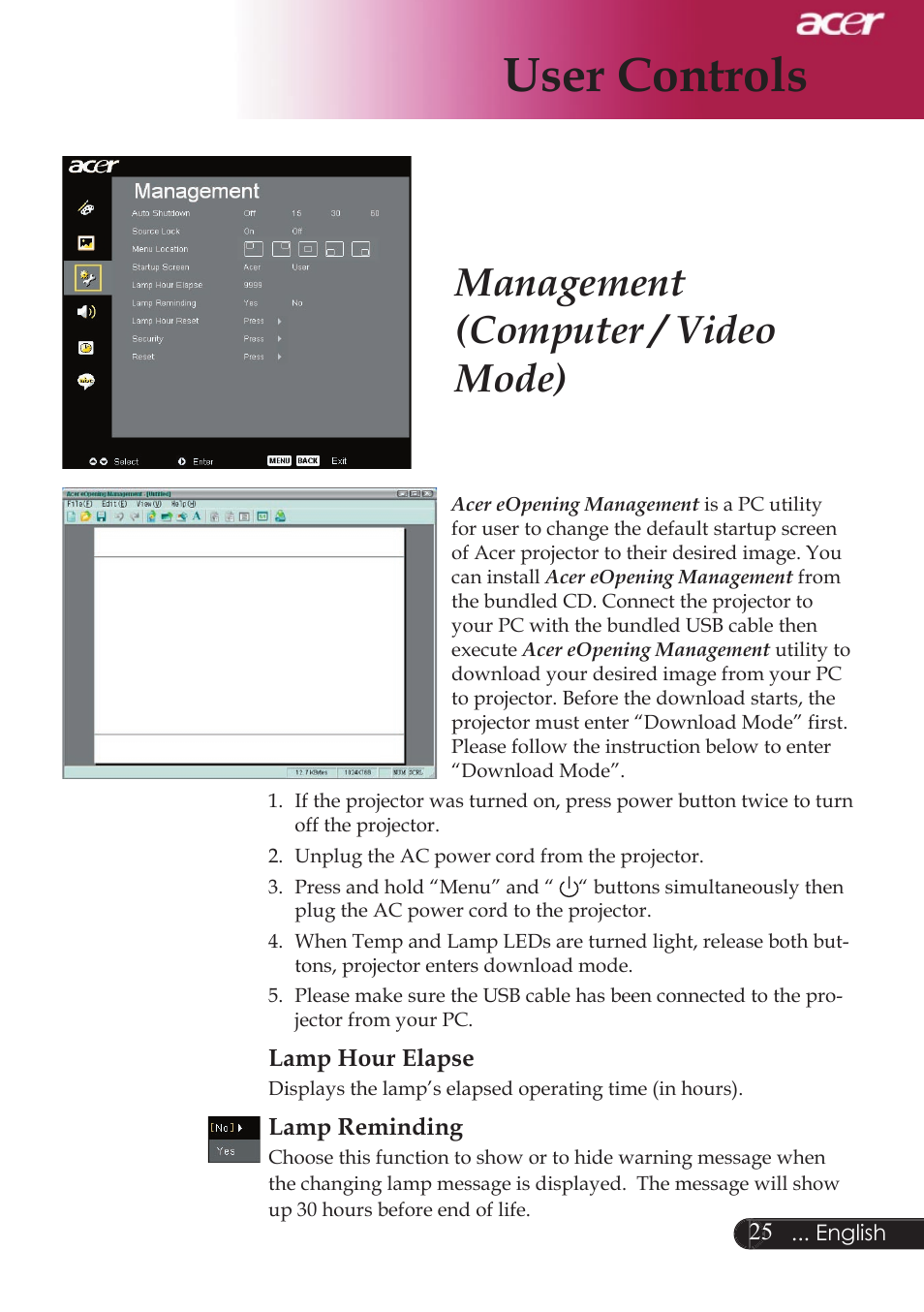 User controls, Management (computer / video mode) | Acer XD1250D series User Manual | Page 27 / 45