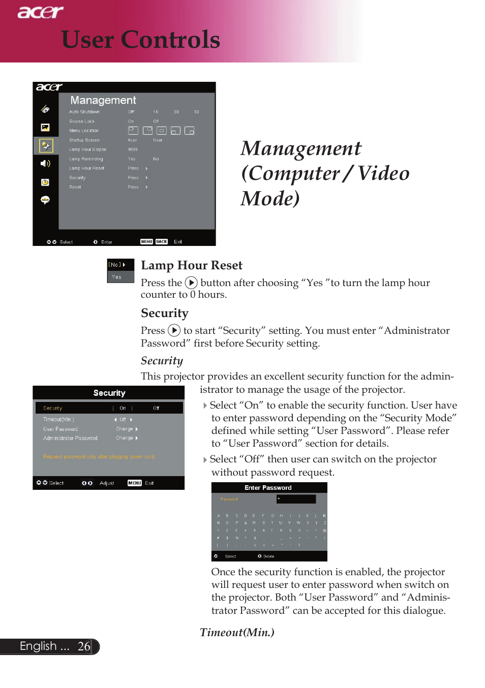 User controls, Management (computer / video mode) | Acer XD1250D series User Manual | Page 28 / 45