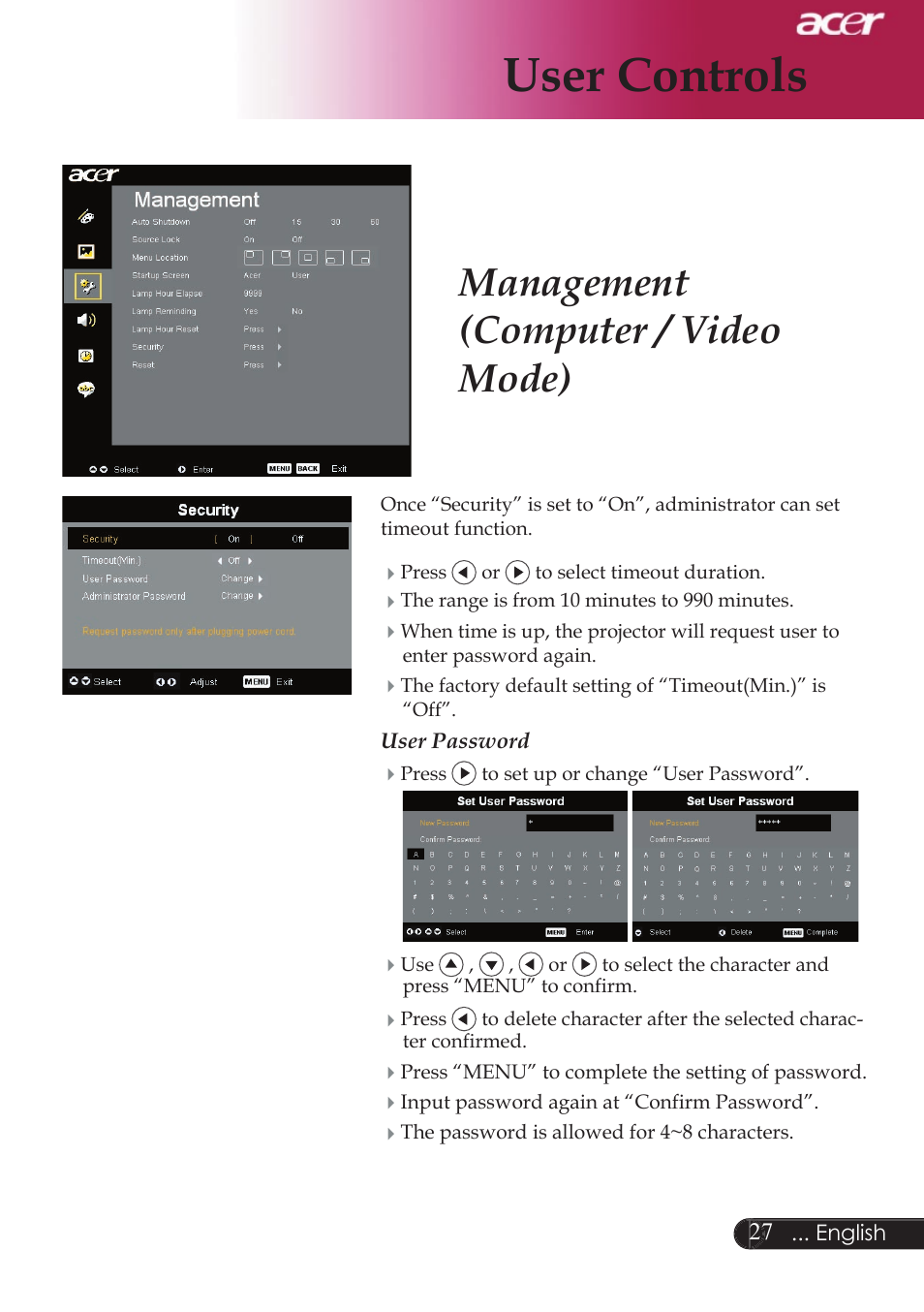 User controls, Management (computer / video mode) | Acer XD1250D series User Manual | Page 29 / 45