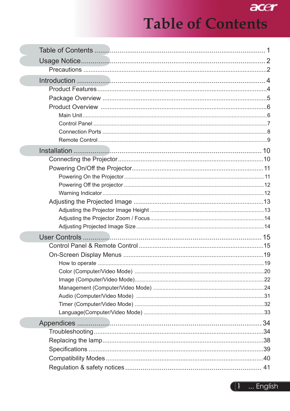 Acer XD1250D series User Manual | Page 3 / 45