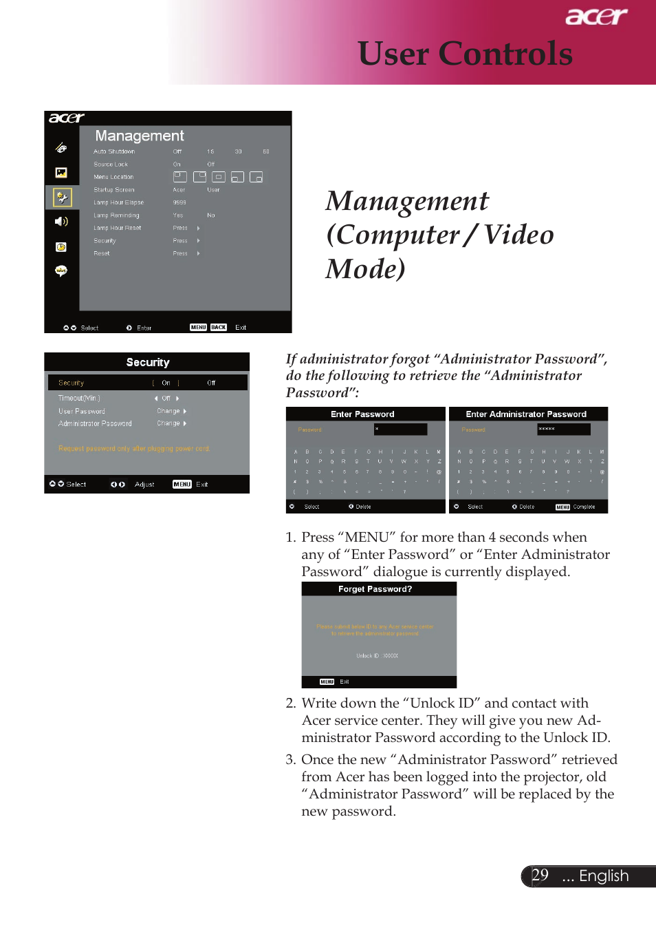 User controls, Management (computer / video mode) | Acer XD1250D series User Manual | Page 31 / 45