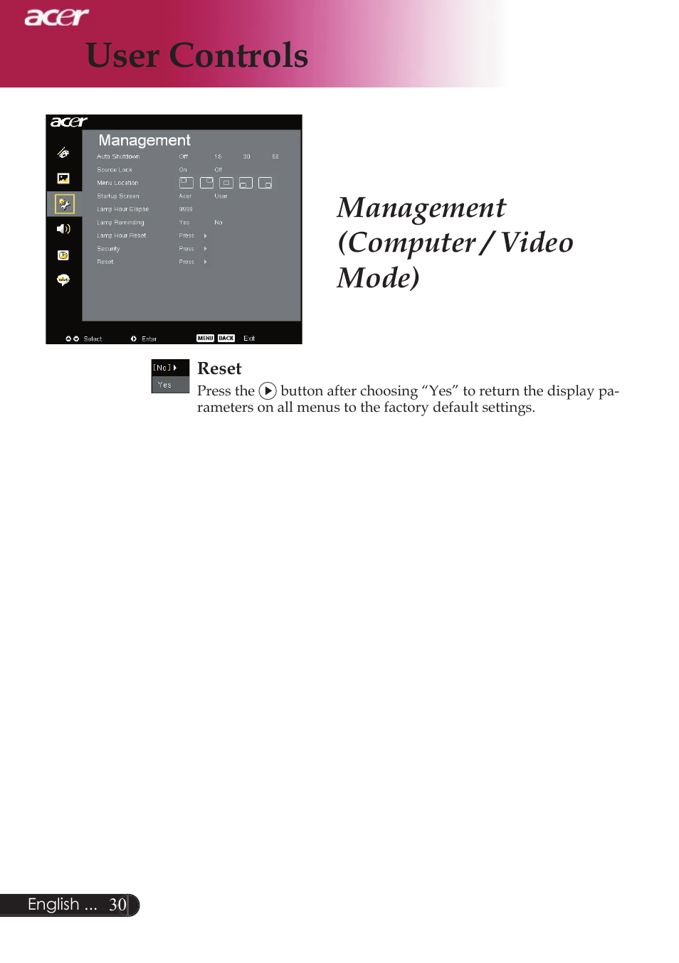 User controls, Management (computer / video mode) | Acer XD1250D series User Manual | Page 32 / 45