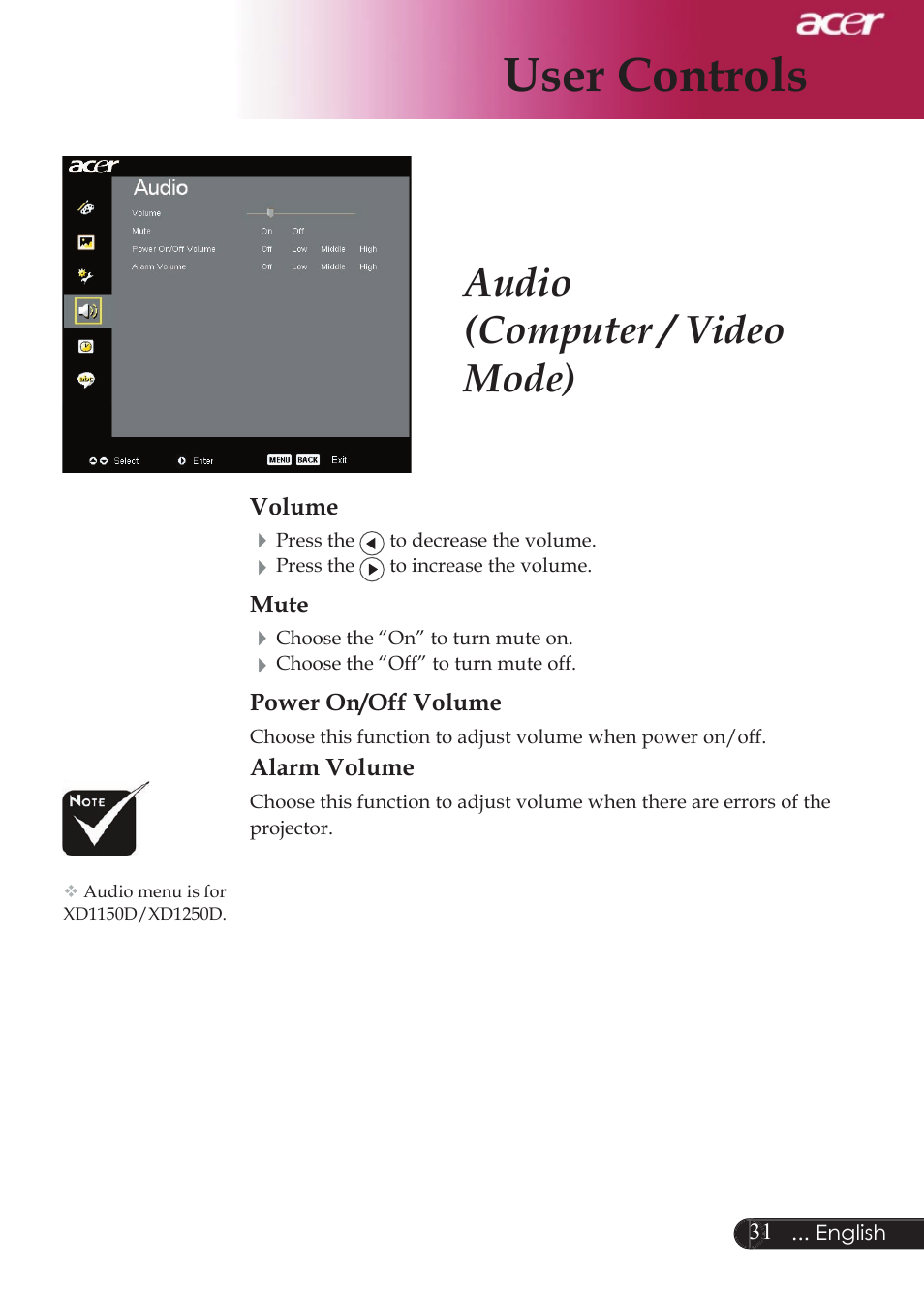 User controls, Audio (computer / video mode) | Acer XD1250D series User Manual | Page 33 / 45