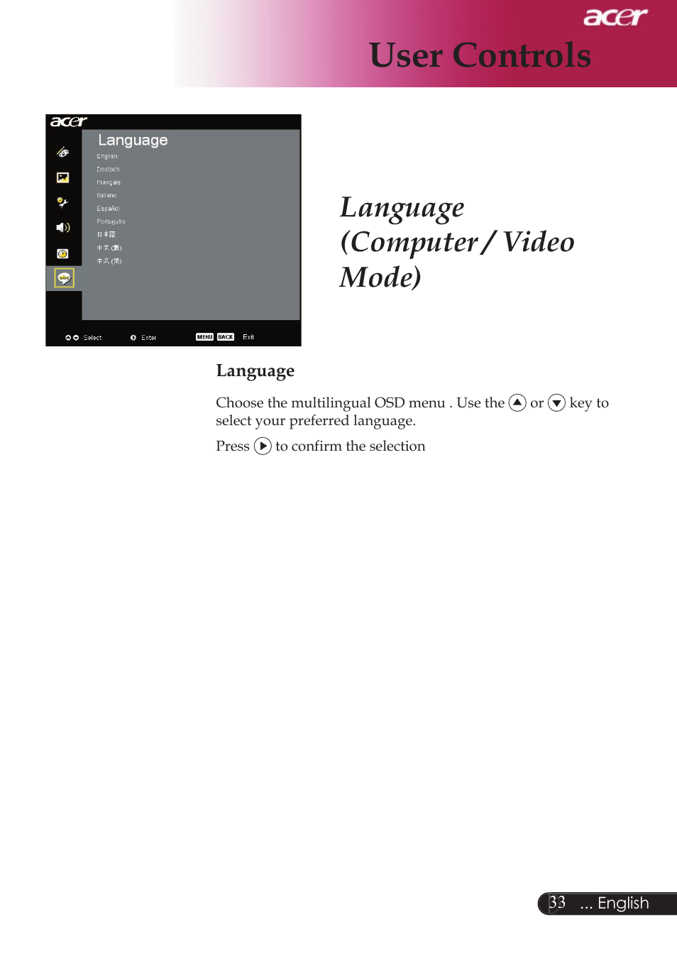 User controls, Language (computer / video mode) | Acer XD1250D series User Manual | Page 35 / 45