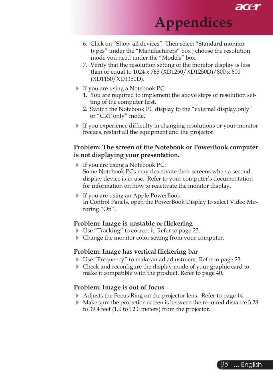 Appendices | Acer XD1250D series User Manual | Page 37 / 45