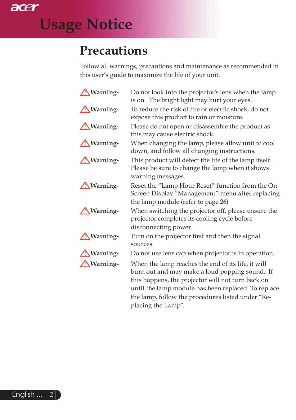 Usage notice, Precautions | Acer XD1250D series User Manual | Page 4 / 45