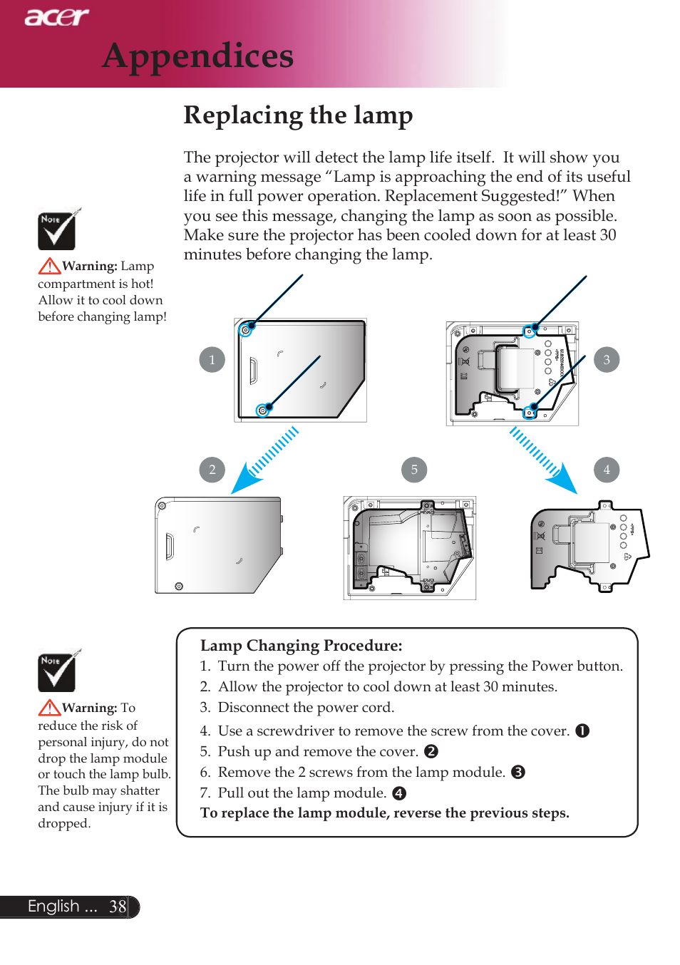 Appendices, Replacing the lamp | Acer XD1250D series User Manual | Page 40 / 45