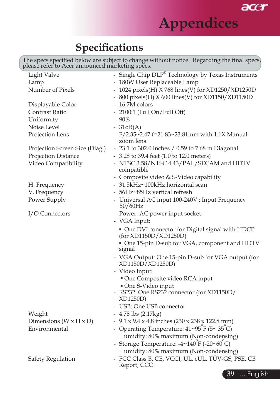 Appendices, Speciﬁ cations | Acer XD1250D series User Manual | Page 41 / 45