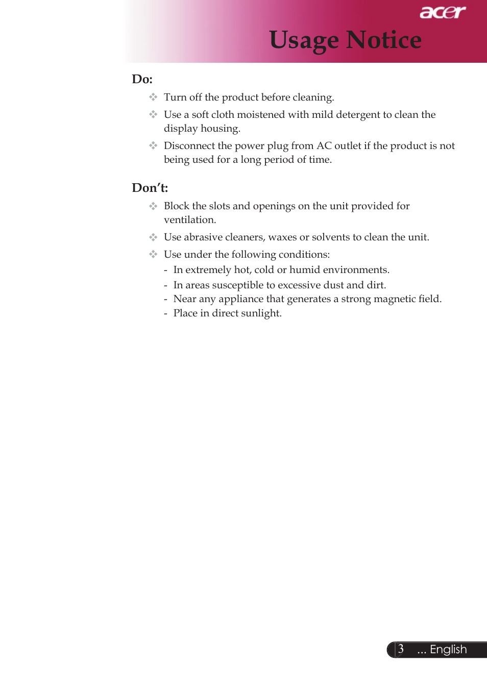 Usage notice | Acer XD1250D series User Manual | Page 5 / 45