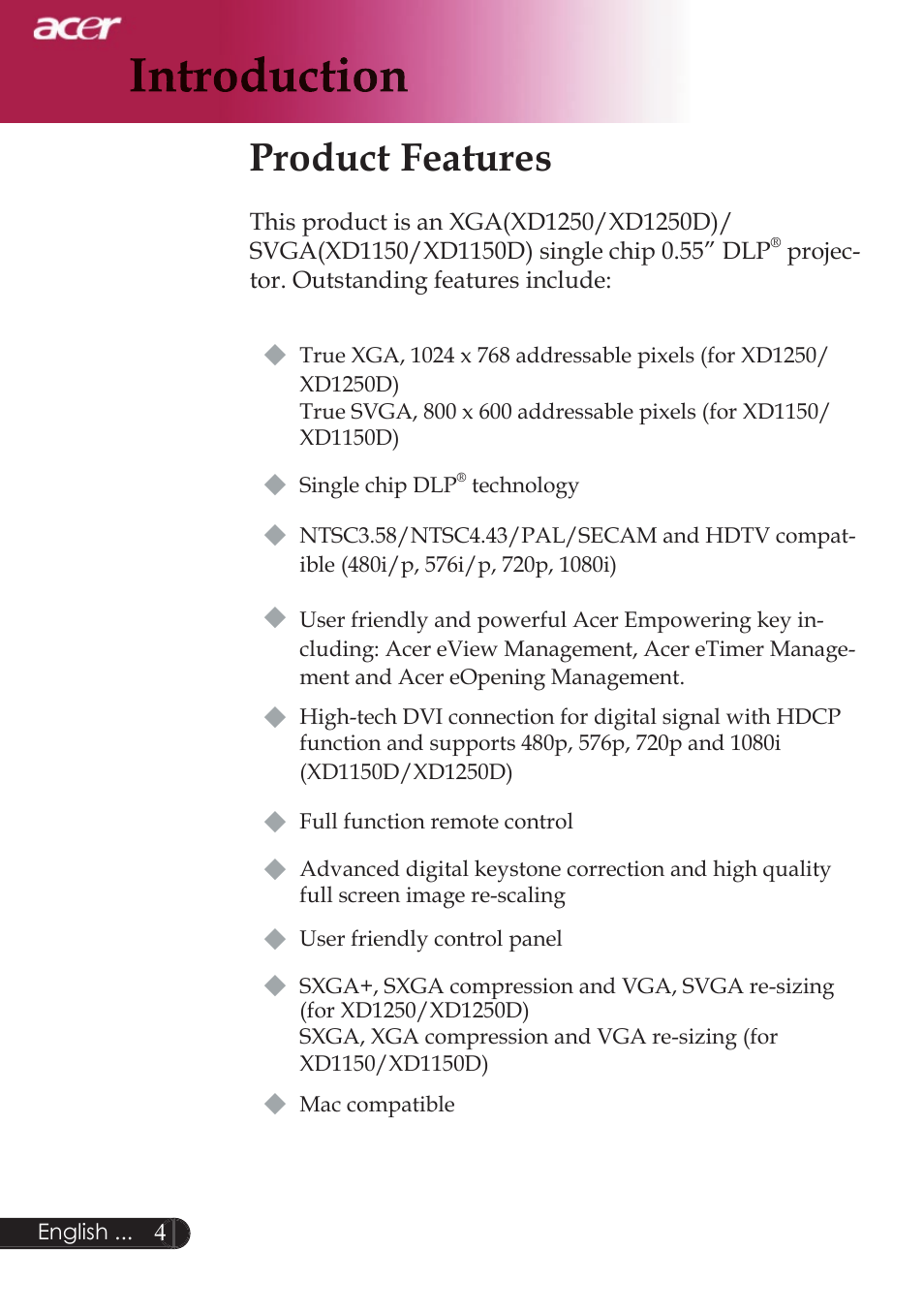 Product features | Acer XD1250D series User Manual | Page 6 / 45