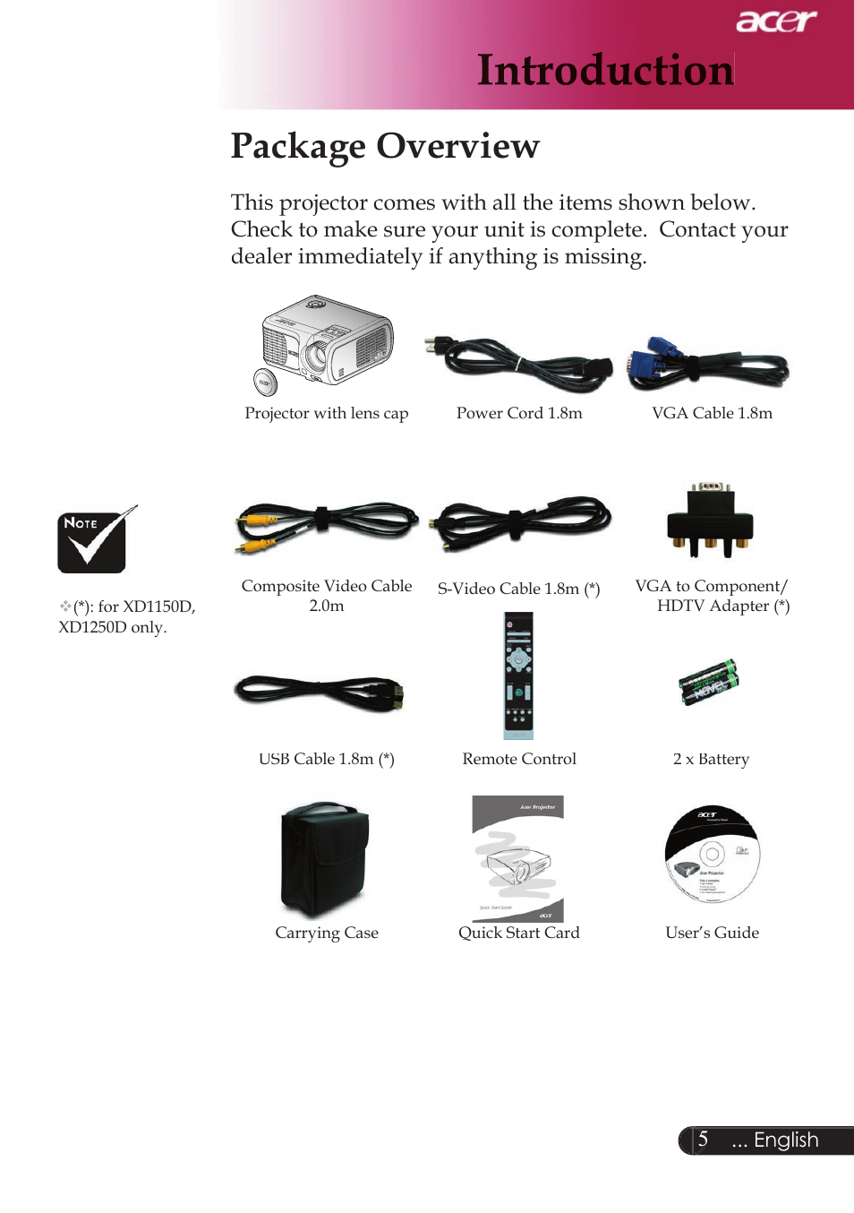 Package overview | Acer XD1250D series User Manual | Page 7 / 45