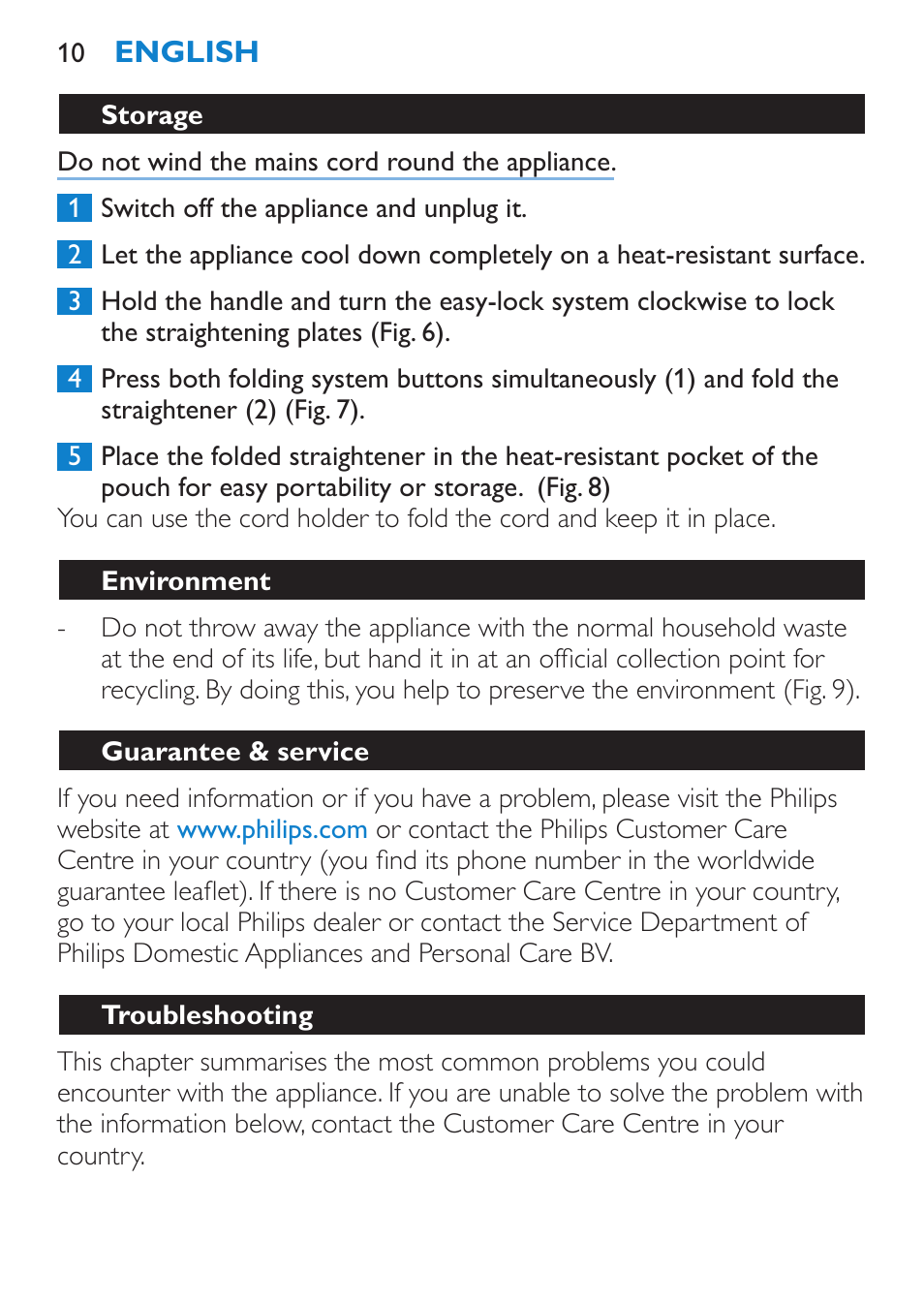 Storage, Environment, Guarantee & service | Troubleshooting | Philips SalonStraight Want2Move Lisseur User Manual | Page 10 / 92