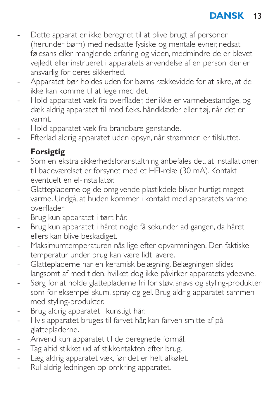 Forsigtig | Philips SalonStraight Want2Move Lisseur User Manual | Page 13 / 92