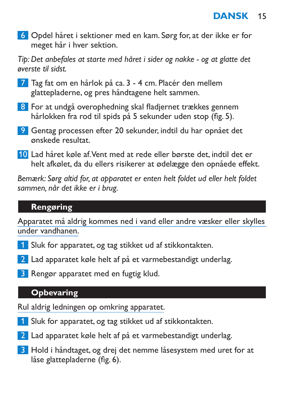 Rengøring, Opbevaring | Philips SalonStraight Want2Move Lisseur User Manual | Page 15 / 92