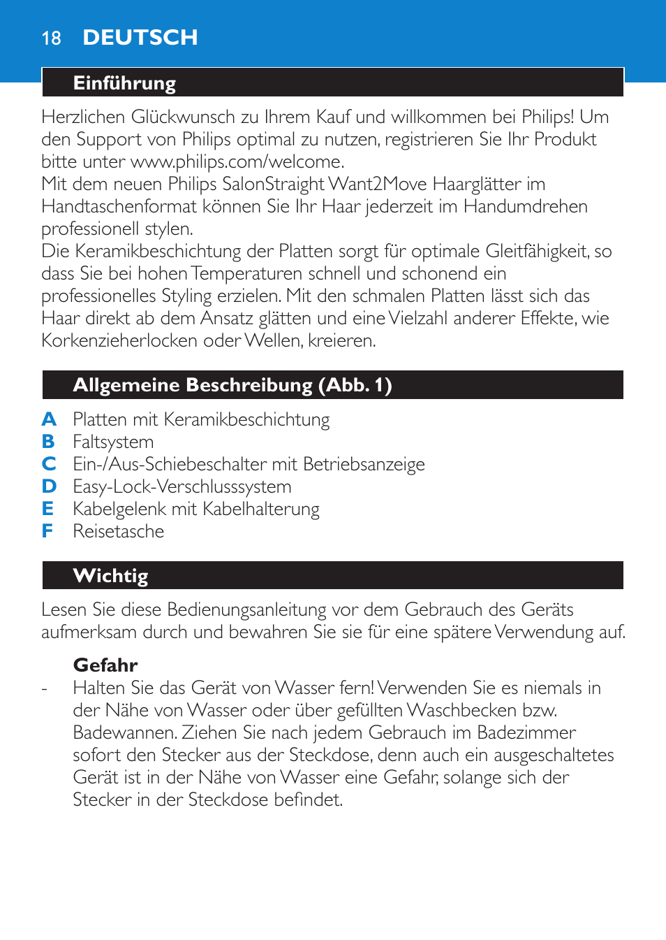 Gefahr, Deutsch, Einführung | Allgemeine beschreibung (abb. 1), Wichtig | Philips SalonStraight Want2Move Lisseur User Manual | Page 18 / 92