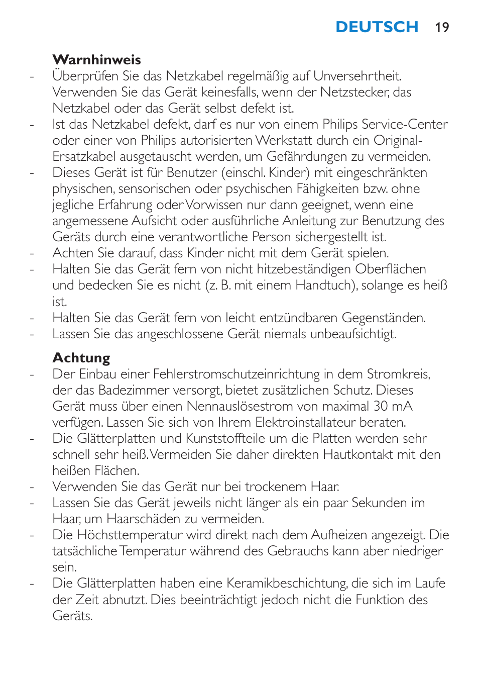 Warnhinweis, Achtung | Philips SalonStraight Want2Move Lisseur User Manual | Page 19 / 92