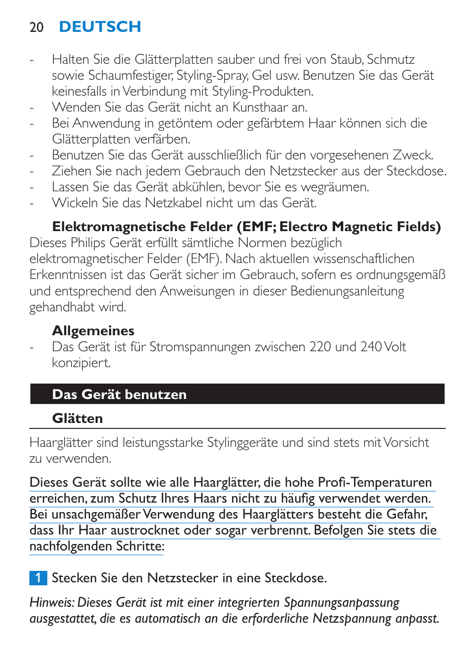Allgemeines, Das gerät benutzen, Glätten | Philips SalonStraight Want2Move Lisseur User Manual | Page 20 / 92