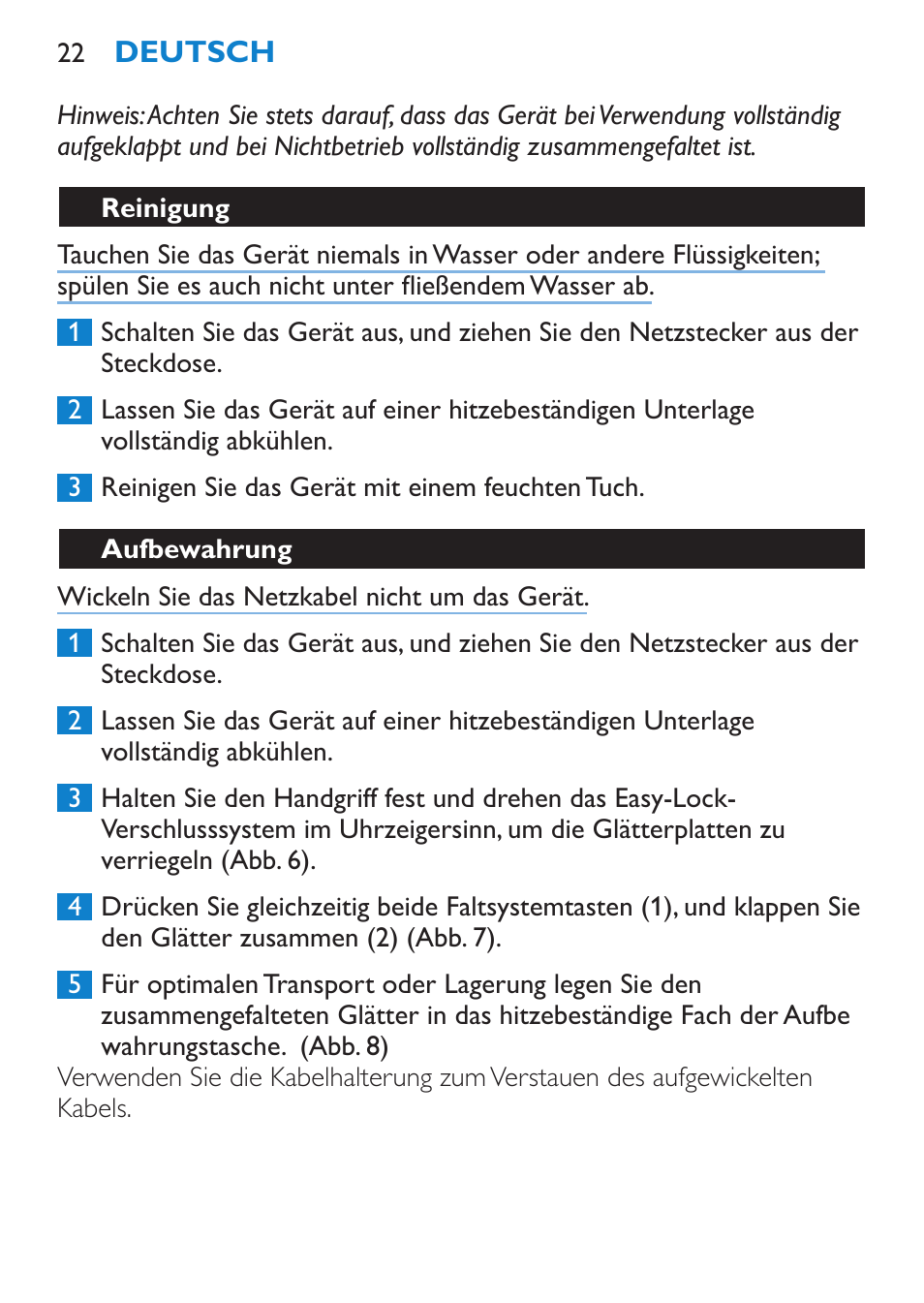 Reinigung, Aufbewahrung | Philips SalonStraight Want2Move Lisseur User Manual | Page 22 / 92