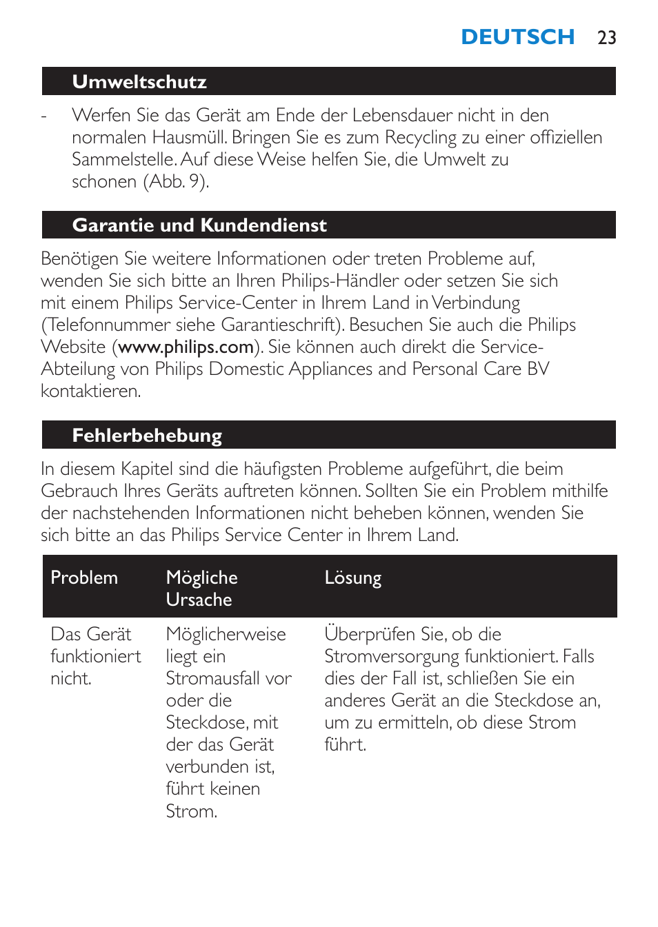 Umweltschutz, Garantie und kundendienst, Fehlerbehebung | Philips SalonStraight Want2Move Lisseur User Manual | Page 23 / 92