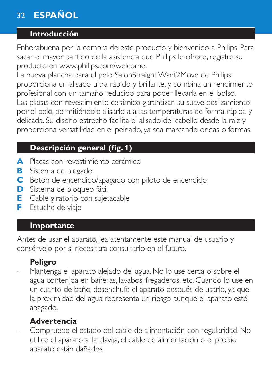 Peligro, Advertencia, Español | Introducción, Descripción general (fig. 1), Importante | Philips SalonStraight Want2Move Lisseur User Manual | Page 32 / 92