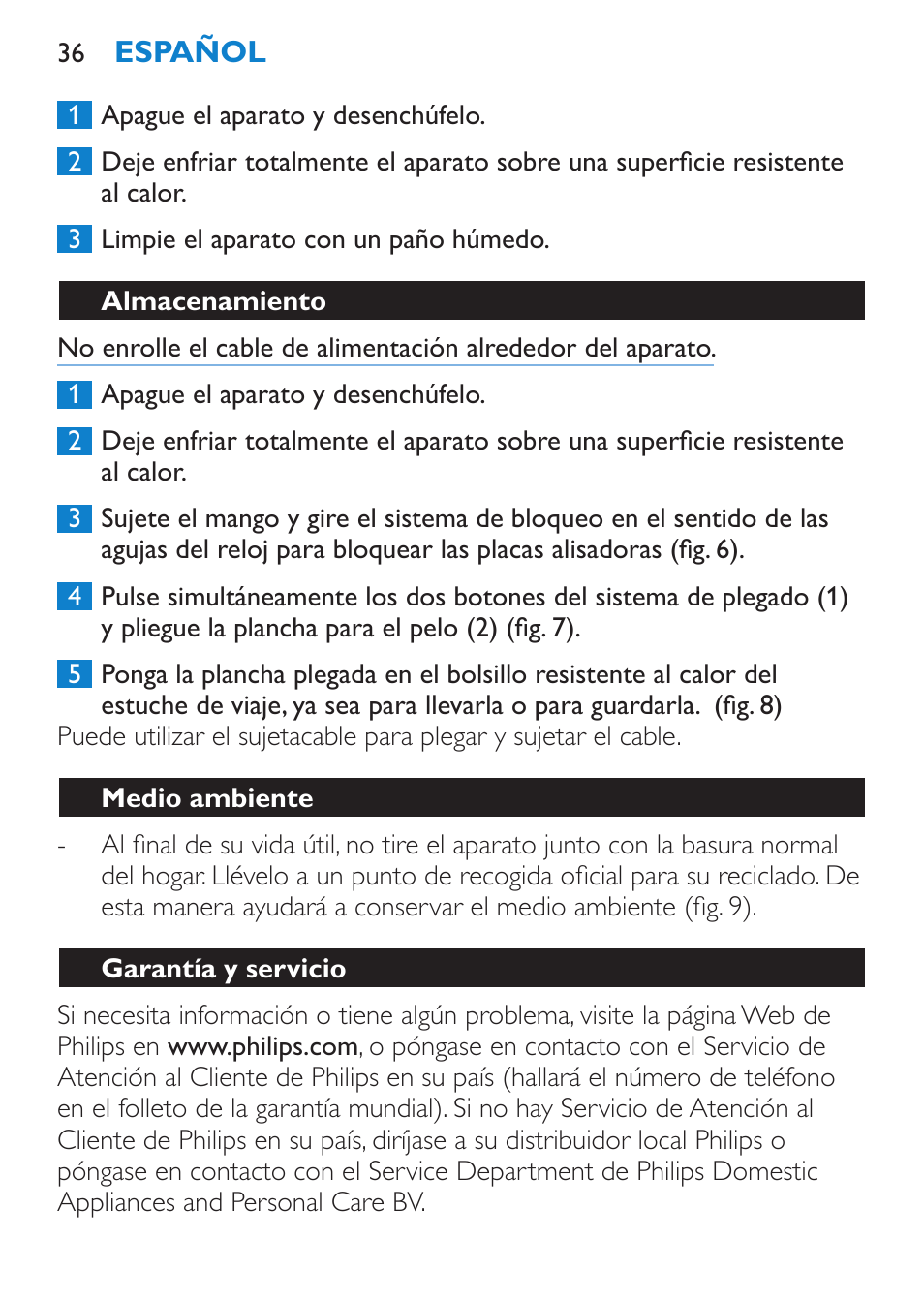 Almacenamiento, Medio ambiente, Garantía y servicio | Philips SalonStraight Want2Move Lisseur User Manual | Page 36 / 92