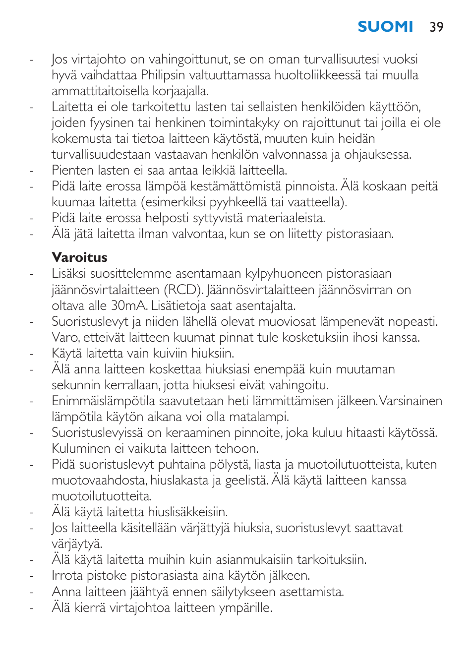 Varoitus | Philips SalonStraight Want2Move Lisseur User Manual | Page 39 / 92