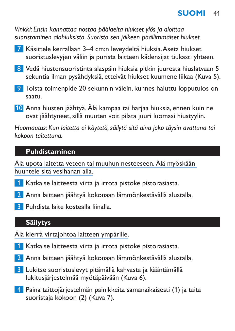 Puhdistaminen, Säilytys | Philips SalonStraight Want2Move Lisseur User Manual | Page 41 / 92
