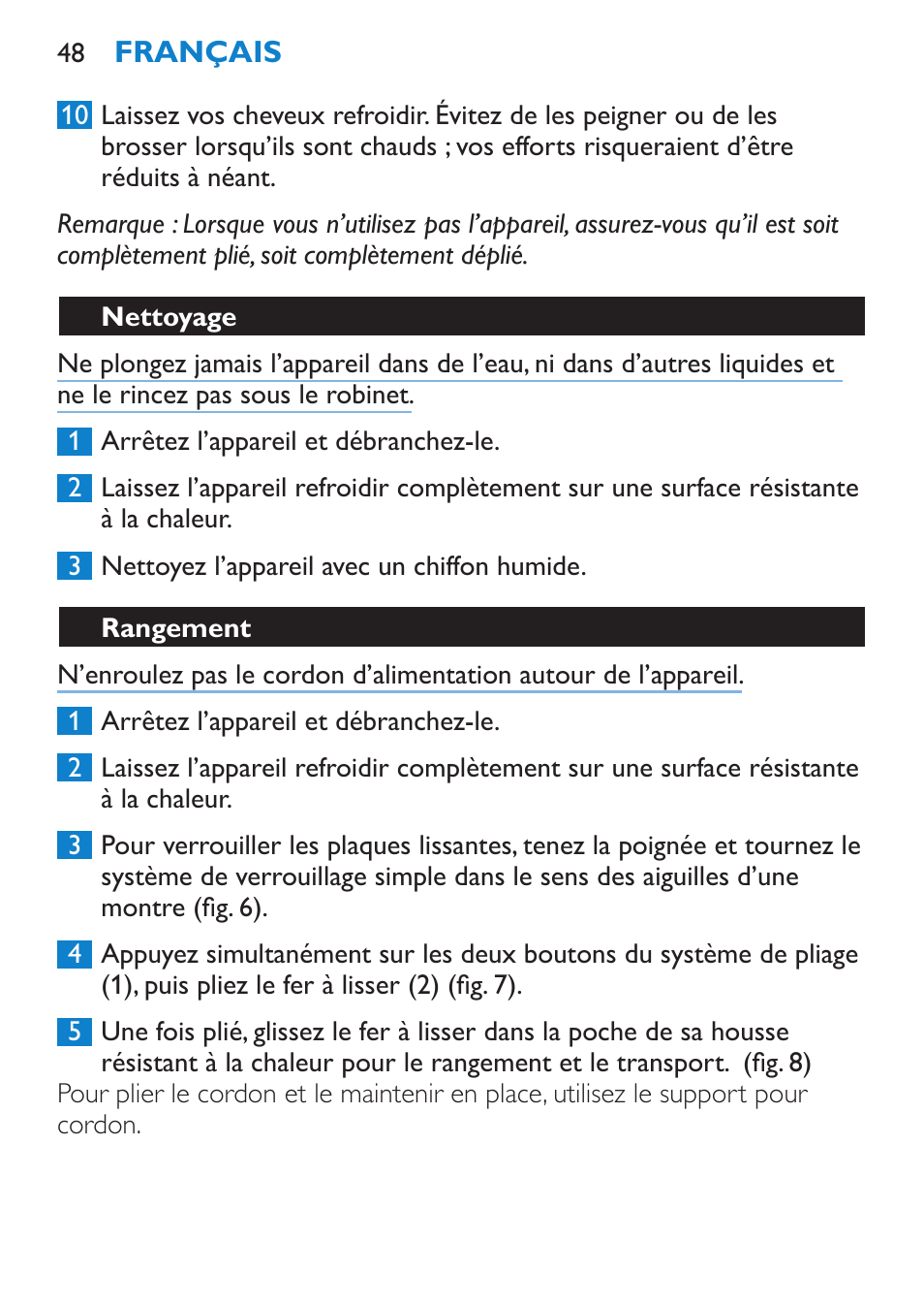 Nettoyage, Rangement, Environnement | Philips SalonStraight Want2Move Lisseur User Manual | Page 48 / 92