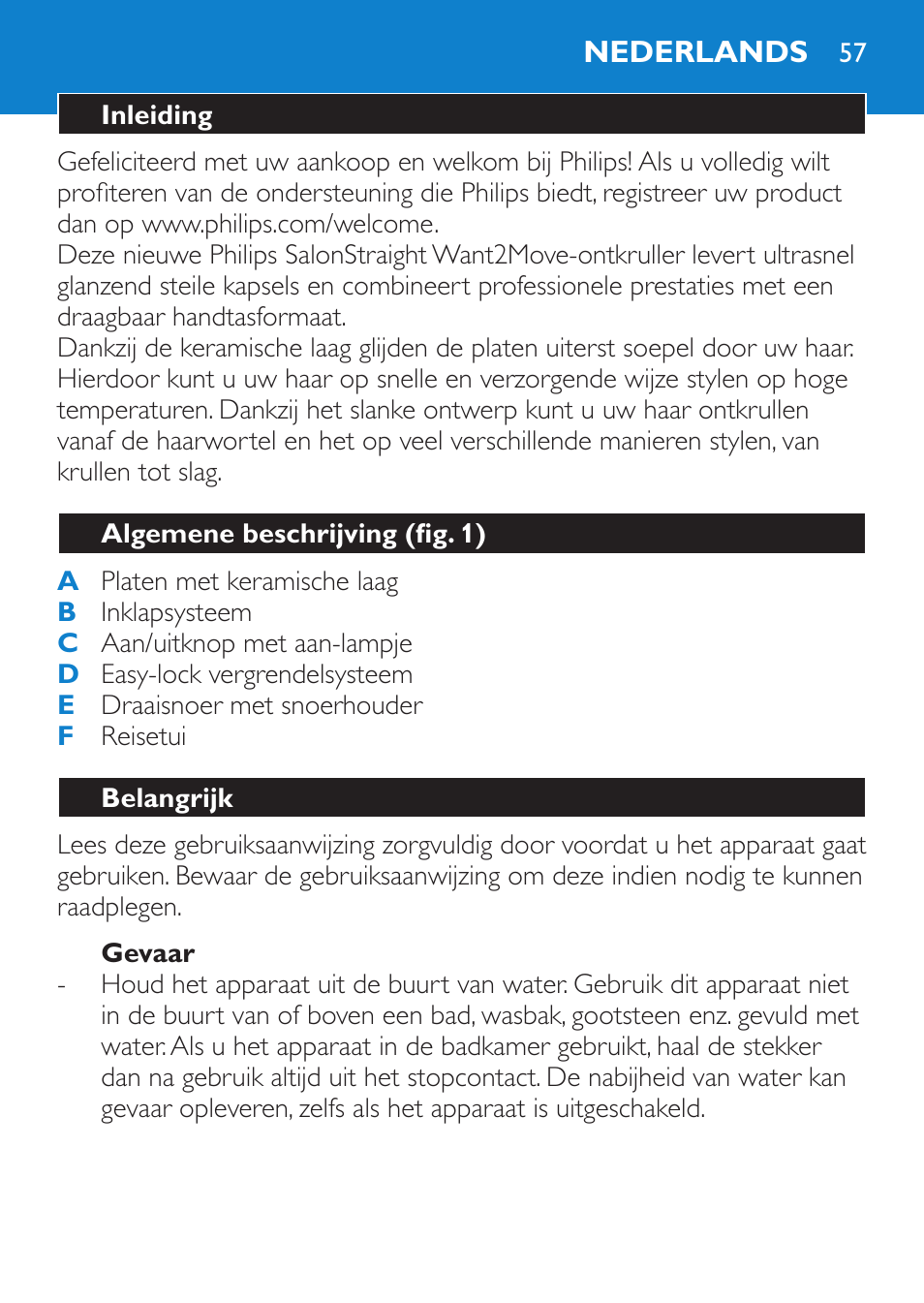 Gevaar, Nederlands, Inleiding | Algemene beschrijving (fig. 1), Belangrijk | Philips SalonStraight Want2Move Lisseur User Manual | Page 57 / 92