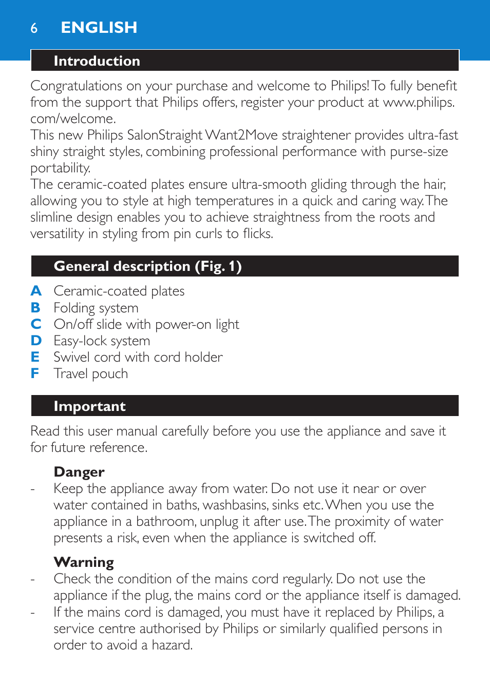English, Introduction, General description (fig. 1) | Important, Danger, Warning | Philips SalonStraight Want2Move Lisseur User Manual | Page 6 / 92