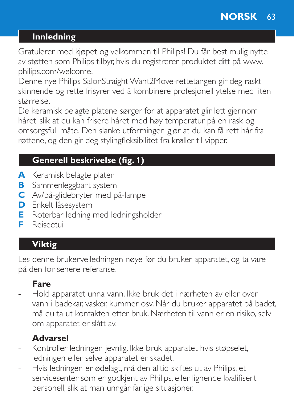 Fare, Advarsel, Norsk | Innledning, Generell beskrivelse (fig. 1), Viktig | Philips SalonStraight Want2Move Lisseur User Manual | Page 63 / 92