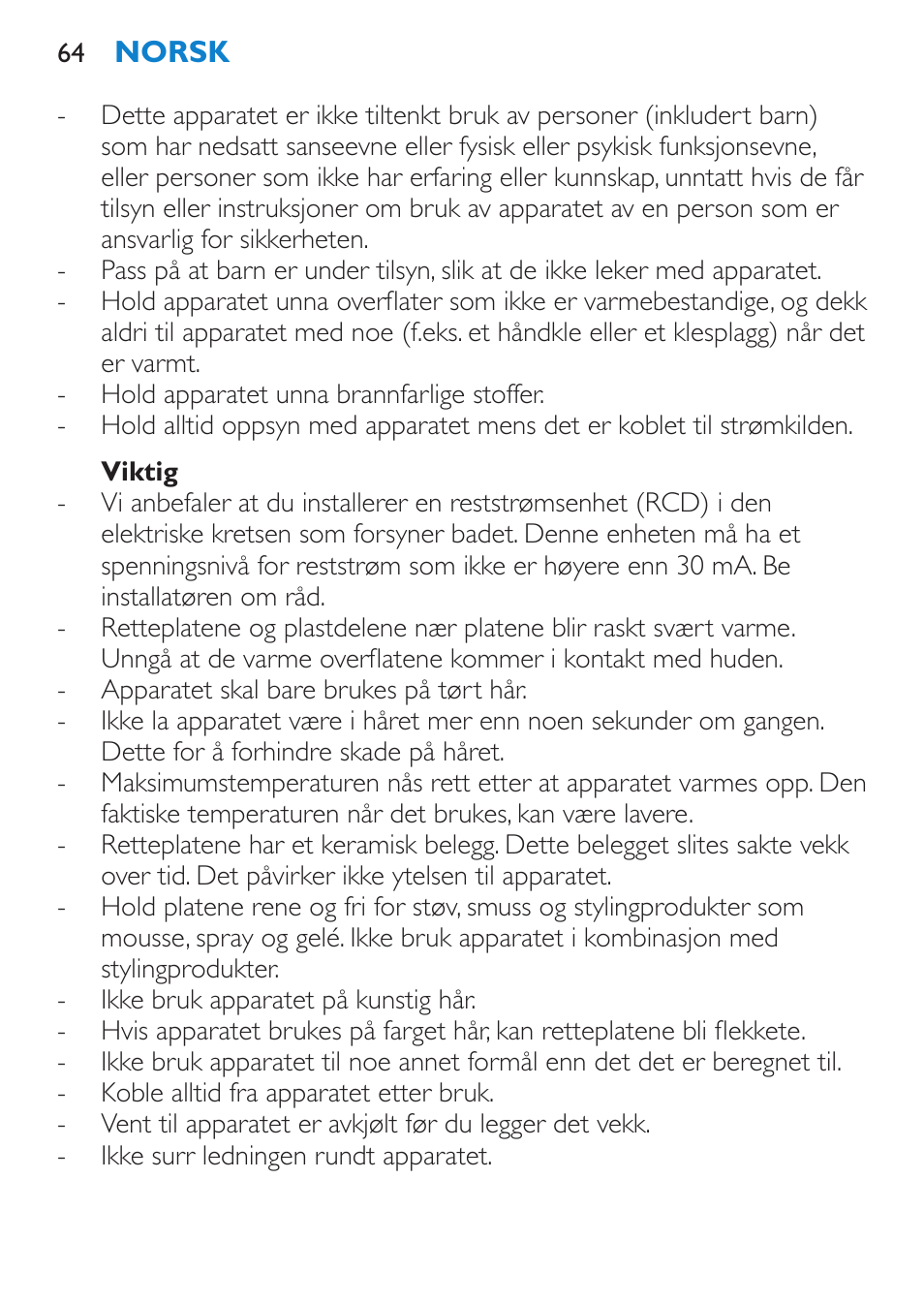 Viktig | Philips SalonStraight Want2Move Lisseur User Manual | Page 64 / 92