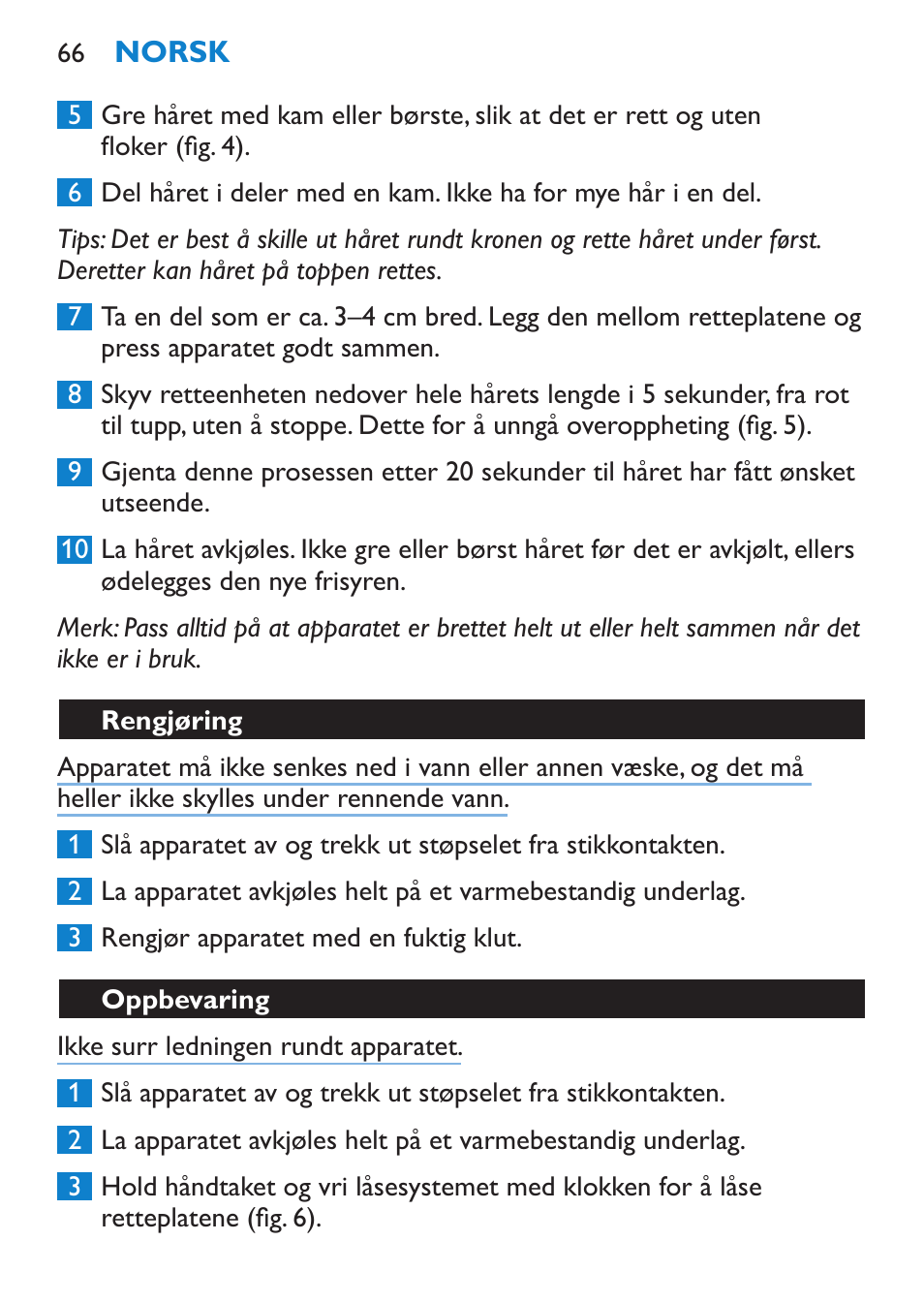 Rengjøring, Oppbevaring | Philips SalonStraight Want2Move Lisseur User Manual | Page 66 / 92