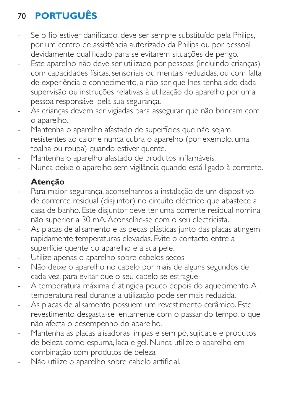 Atenção | Philips SalonStraight Want2Move Lisseur User Manual | Page 70 / 92