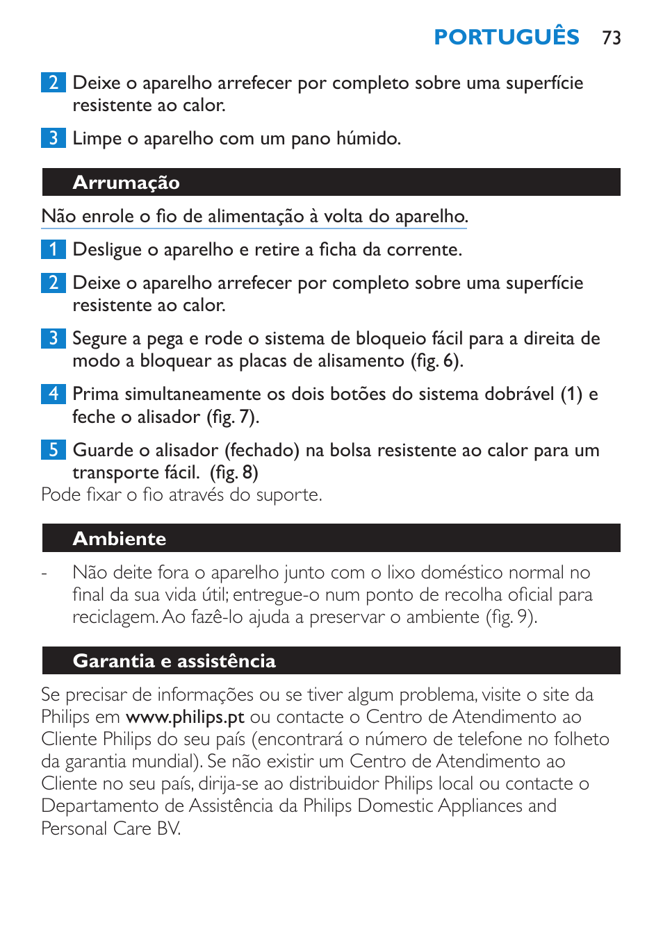 Arrumação, Ambiente, Garantia e assistência | Philips SalonStraight Want2Move Lisseur User Manual | Page 73 / 92