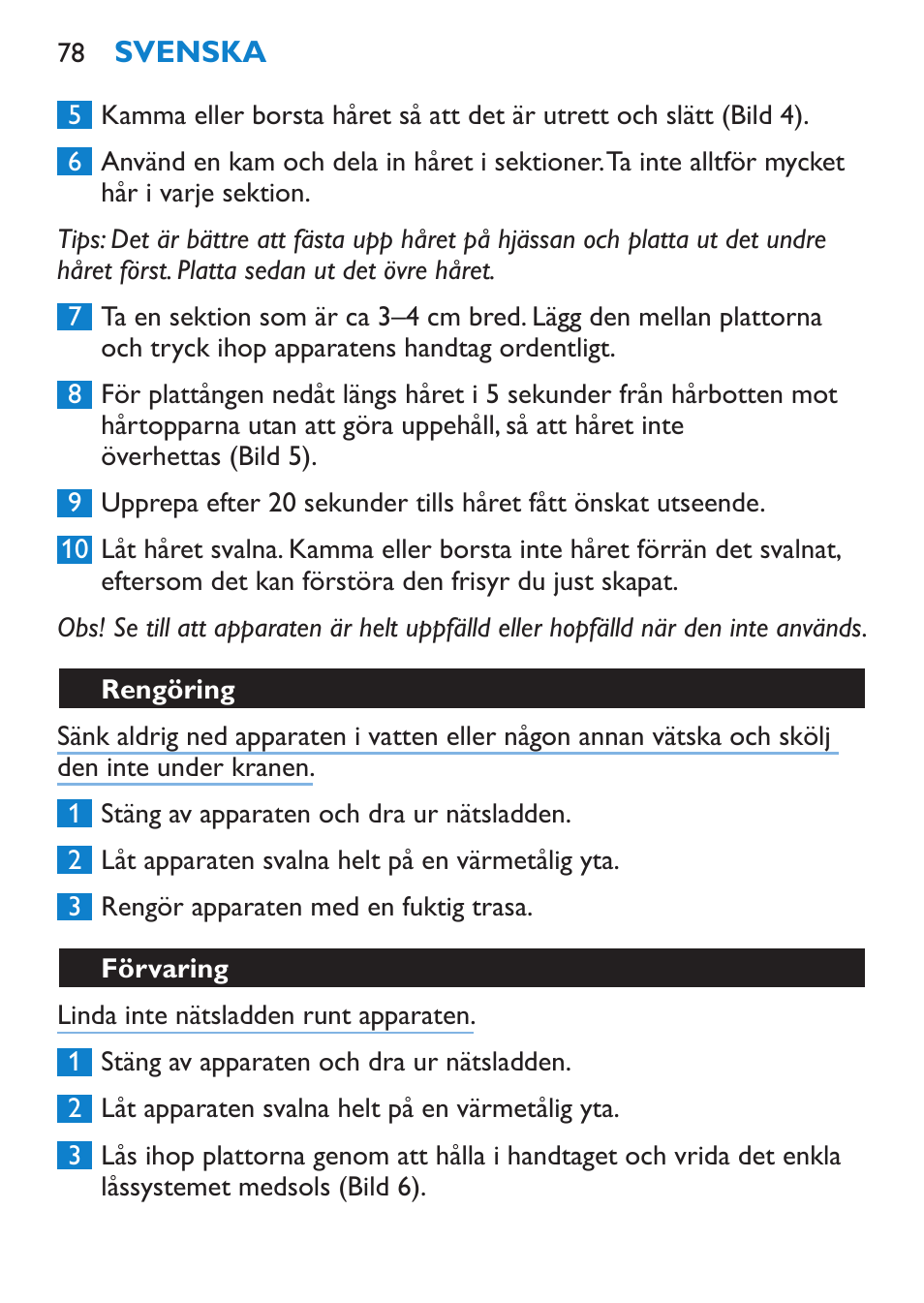 Rengöring, Förvaring | Philips SalonStraight Want2Move Lisseur User Manual | Page 78 / 92