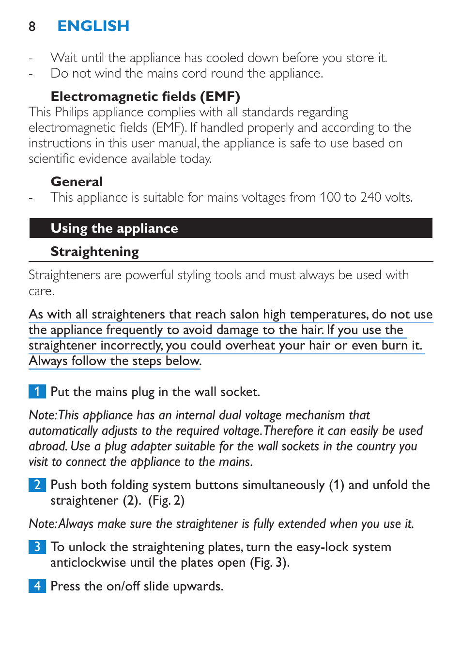 Electromagnetic fields (emf), General, Using the appliance | Straightening | Philips SalonStraight Want2Move Lisseur User Manual | Page 8 / 92