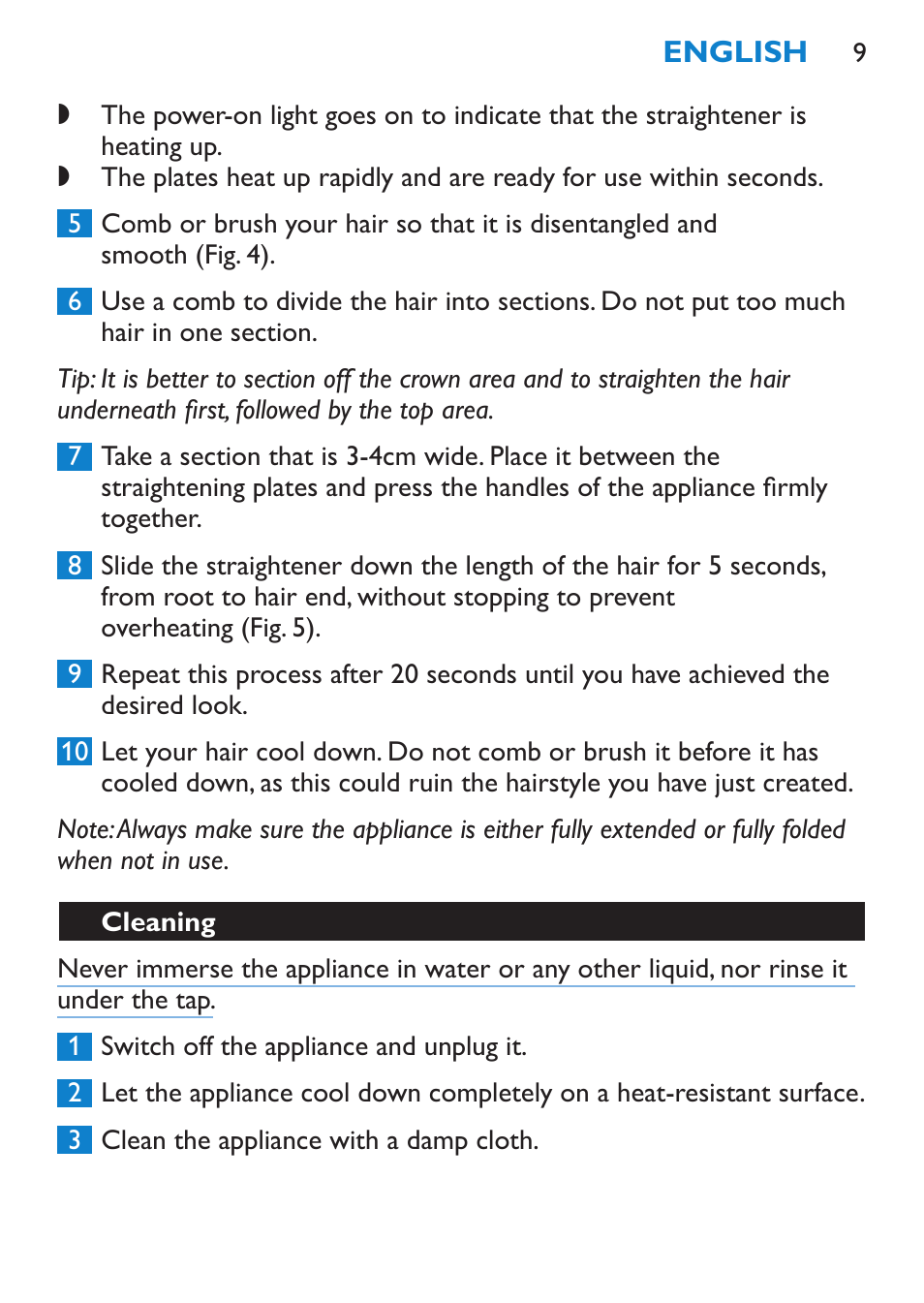 Cleaning | Philips SalonStraight Want2Move Lisseur User Manual | Page 9 / 92