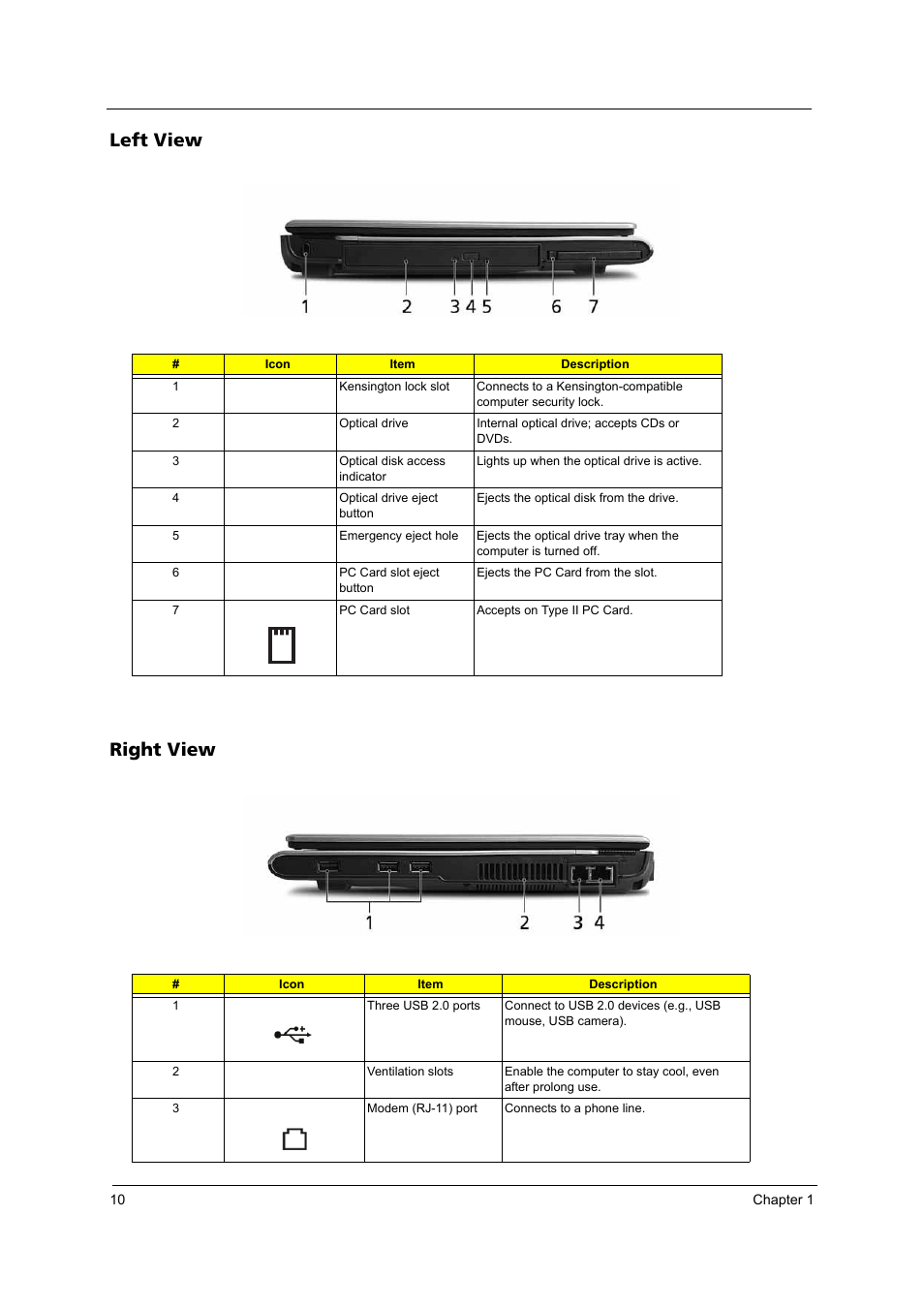 Left view, Right view, Left view right view | Acer 2420 User Manual | Page 18 / 108