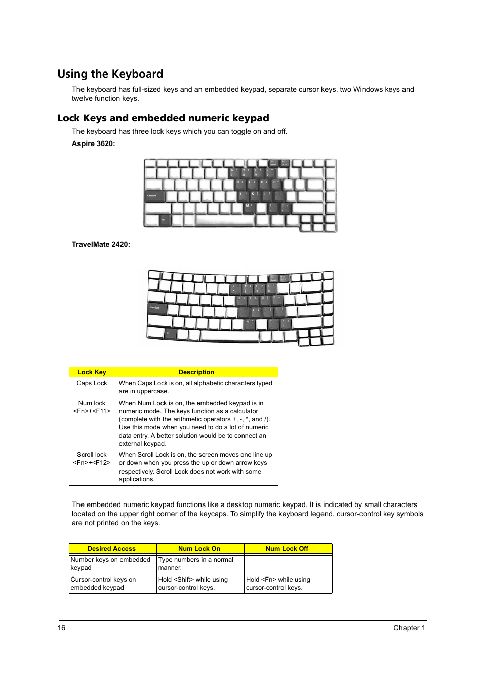 Using the keyboard, Lock keys and embedded numeric keypad | Acer 2420 User Manual | Page 24 / 108