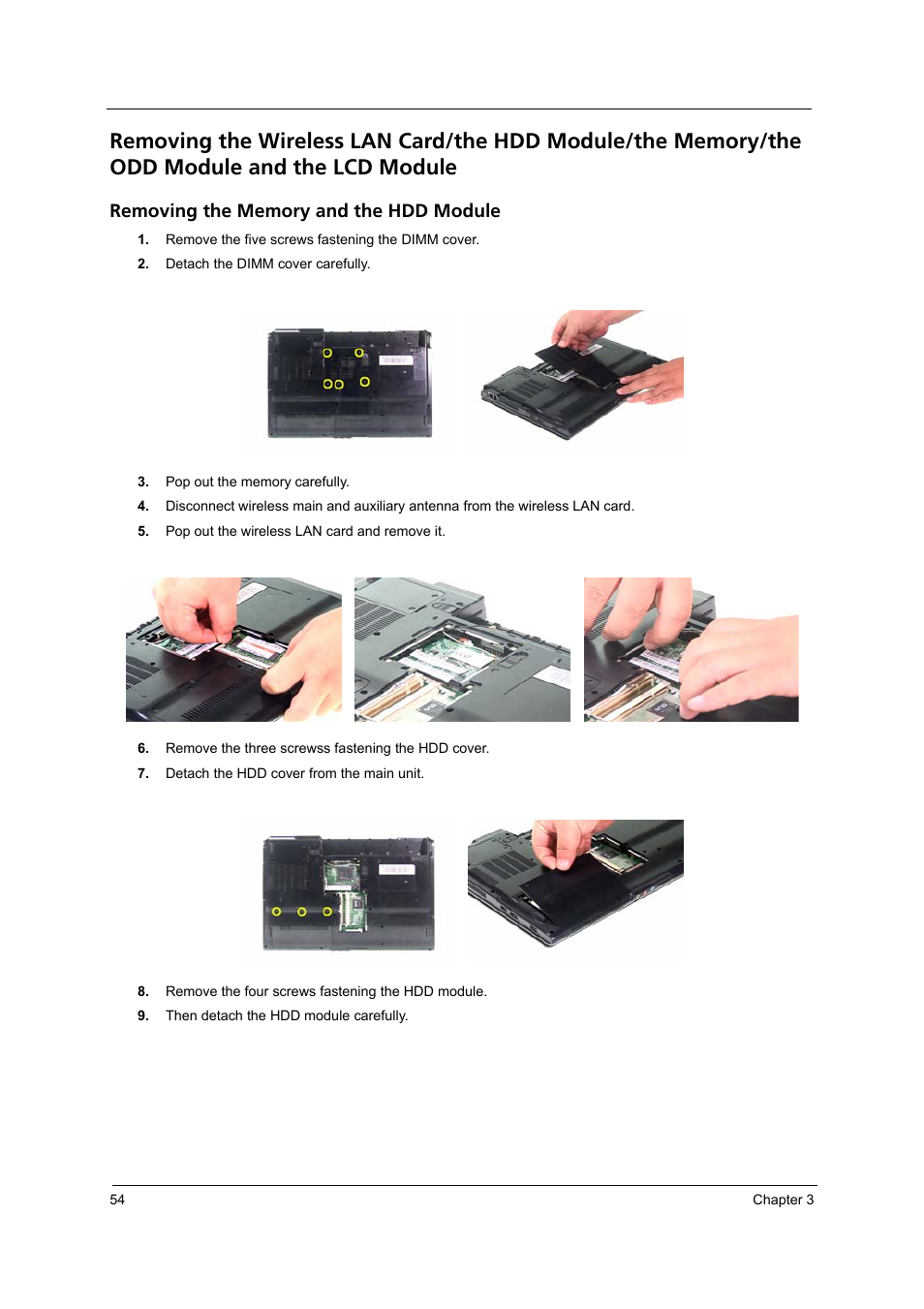 Removing the memory and the hdd module | Acer 2420 User Manual | Page 62 / 108
