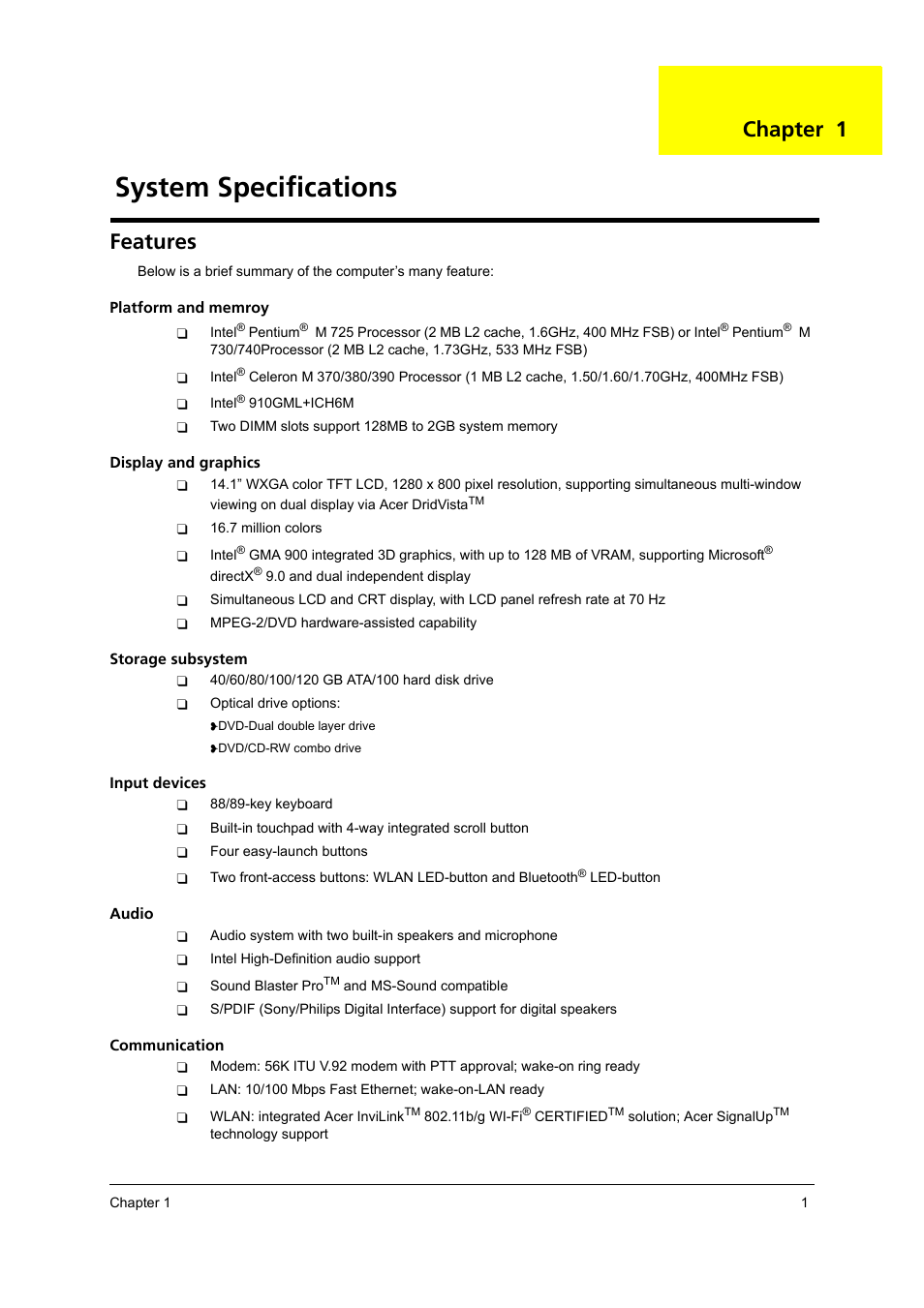 Ch.1 system specifications, Features, System specifications | Chapter 1 | Acer 2420 User Manual | Page 9 / 108