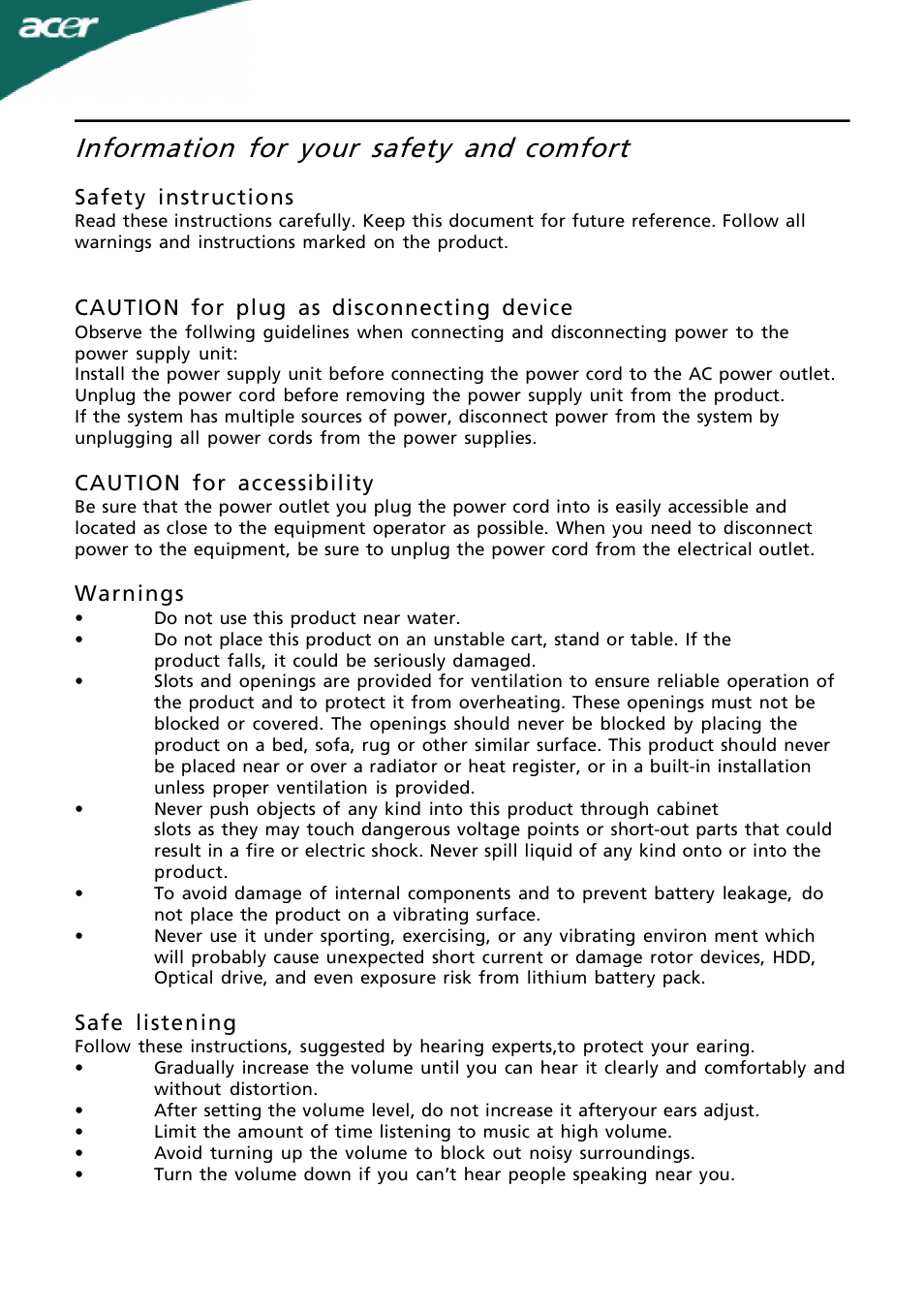 Information for your safety and, Comfort | Acer ADEZ User Manual | Page 3 / 24