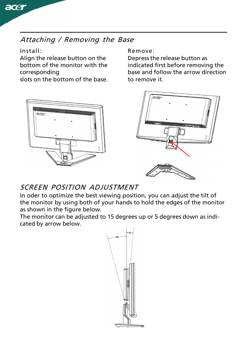 Attaching / removing the base, Screen position adjustment | Acer ADEZ User Manual | Page 7 / 24