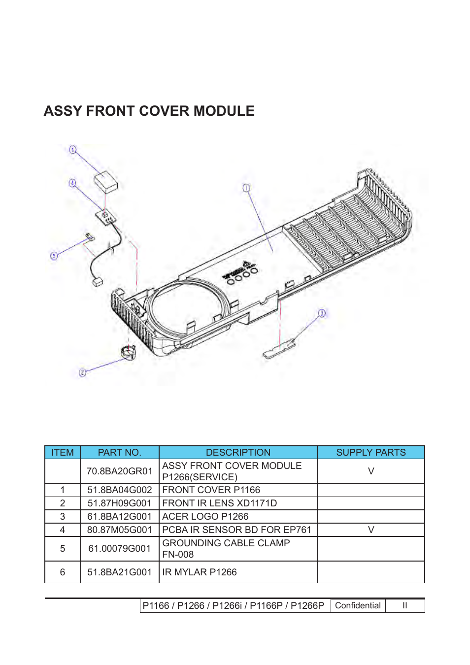 Assy front cover module | Acer P1166 User Manual | Page 101 / 126