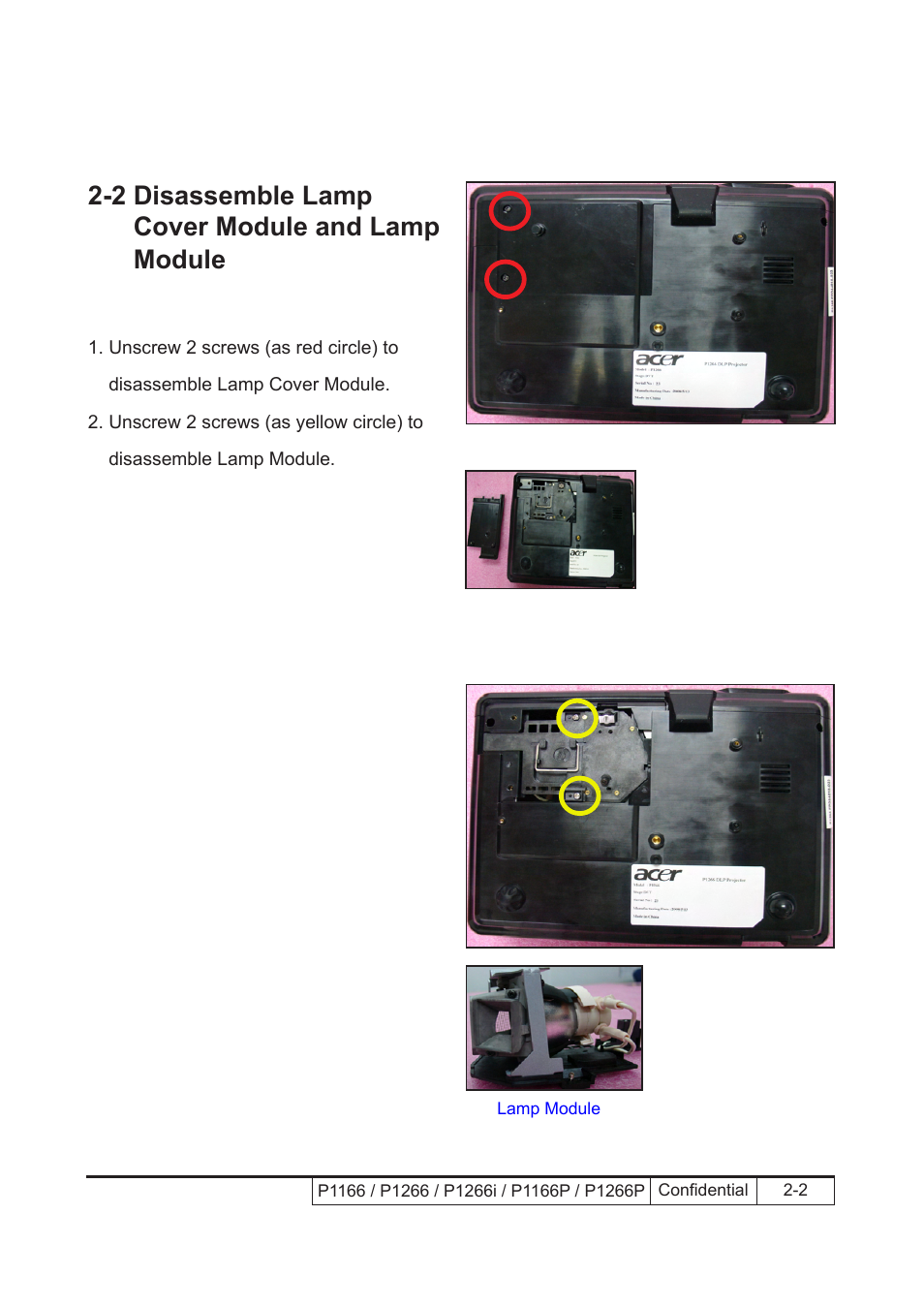 2 disassemble lamp cover module and lamp module | Acer P1166 User Manual | Page 25 / 126