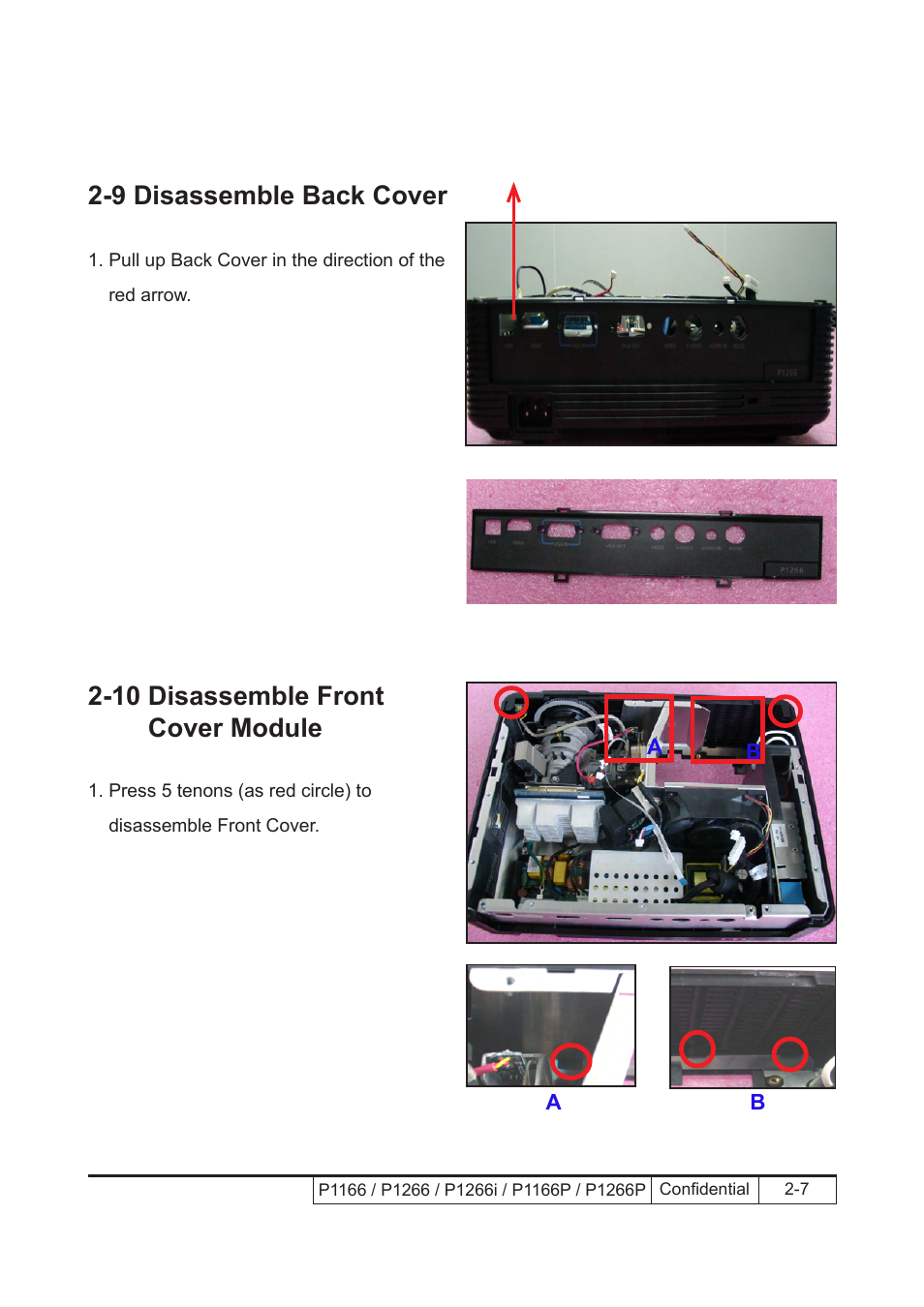 10 disassemble front cover module, 9 disassemble back cover | Acer P1166 User Manual | Page 30 / 126