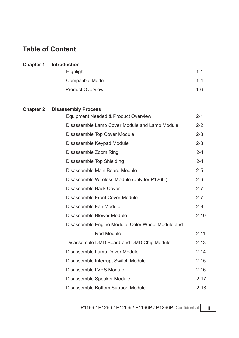 T�ble �f �����e | Acer P1166 User Manual | Page 4 / 126