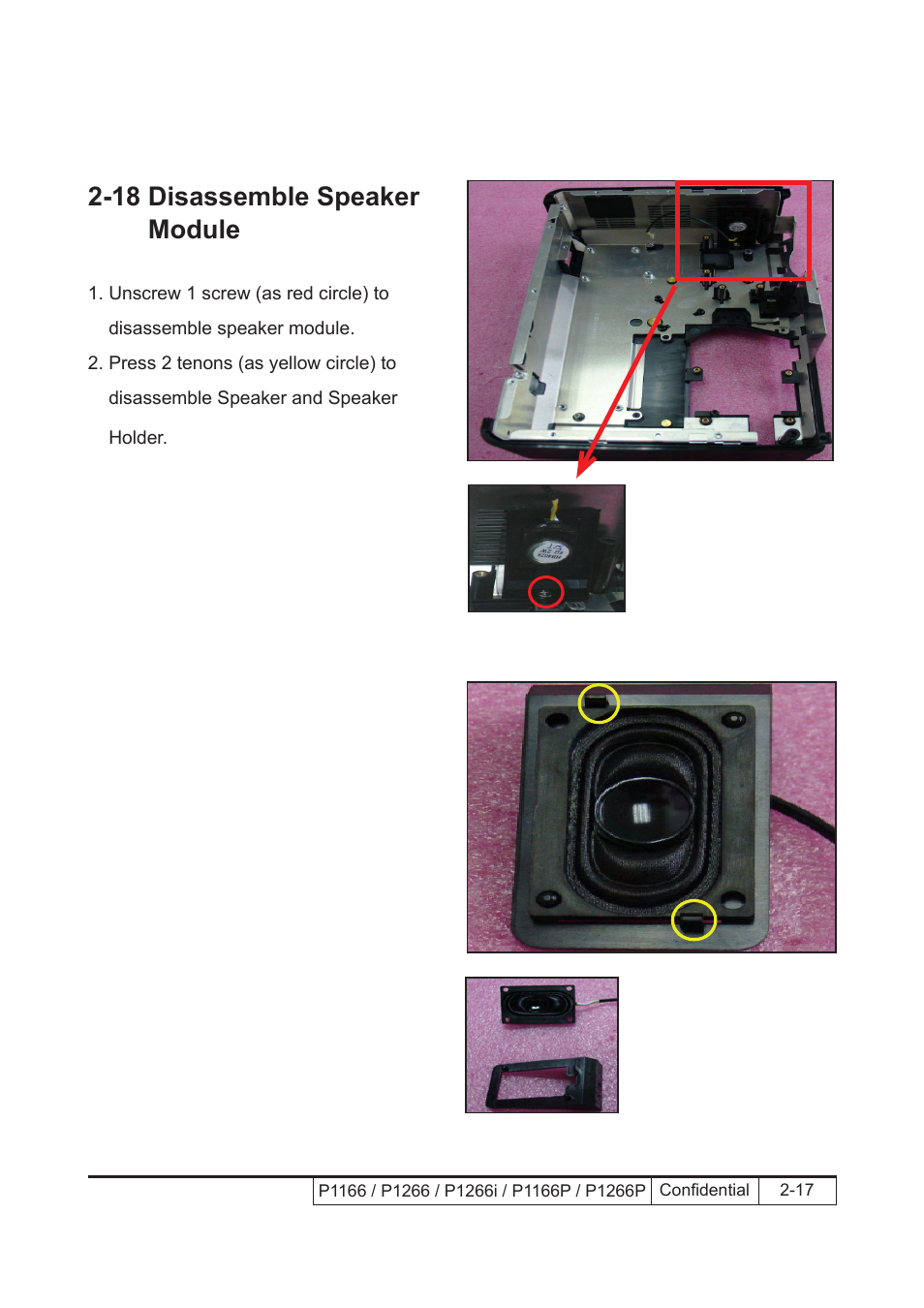 18 disassemble speaker module | Acer P1166 User Manual | Page 40 / 126