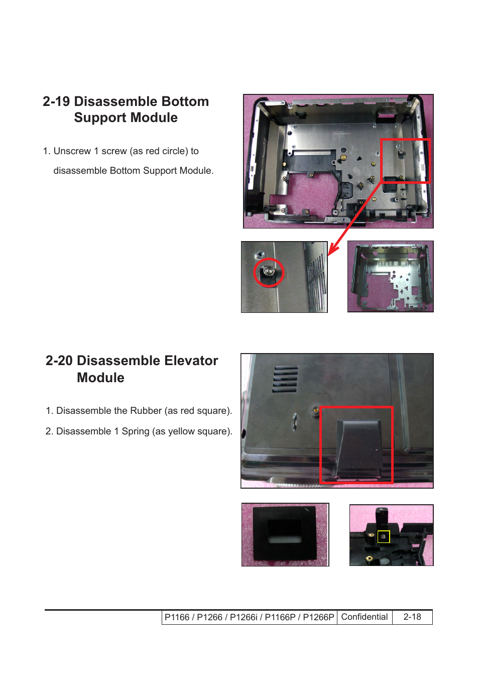 19 disassemble bottom support module, 20 disassemble elevator module | Acer P1166 User Manual | Page 41 / 126
